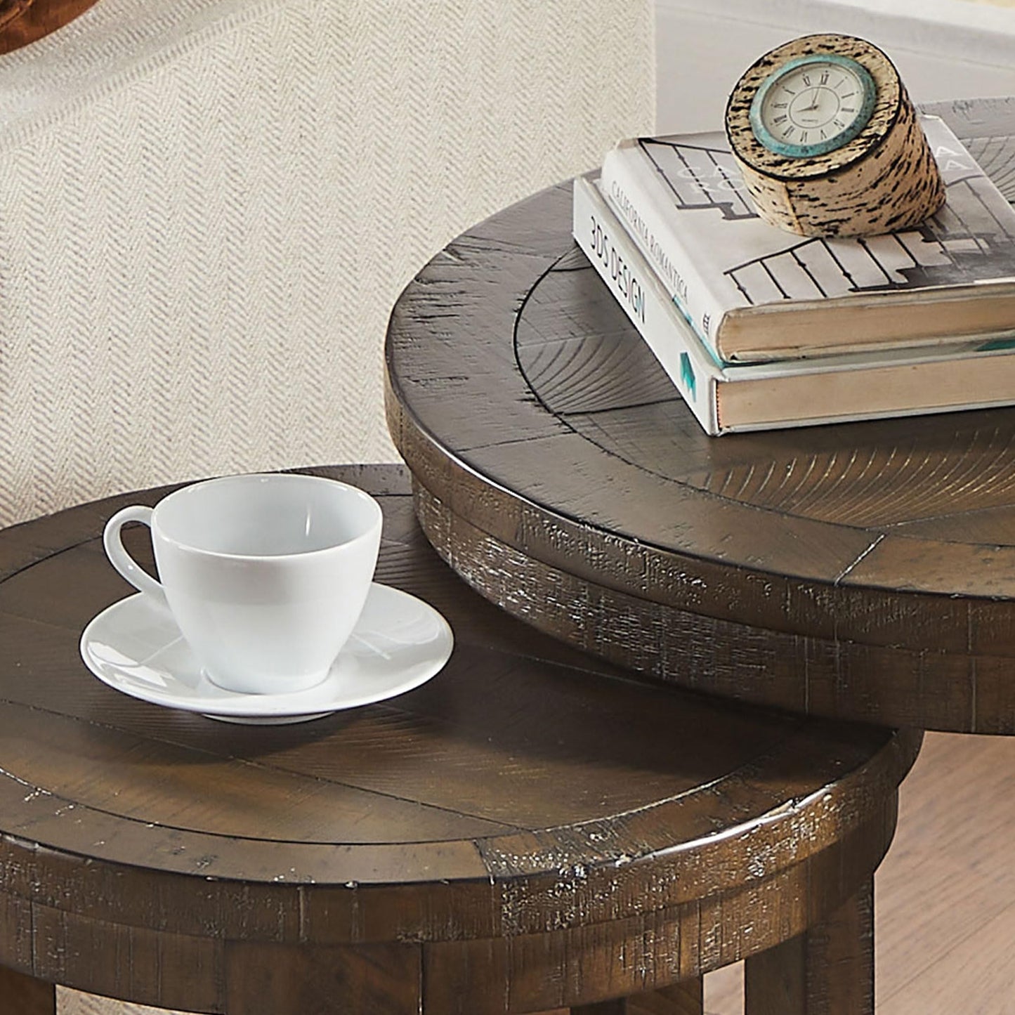 WILLIAMSPACE 24" Round Nesting Coffee Table Set of 2, Solid Wood Coffee Tables Mid Century Rustic Farmhouse Side End Tea Table for Living Room, Apartment (Drak Brown)