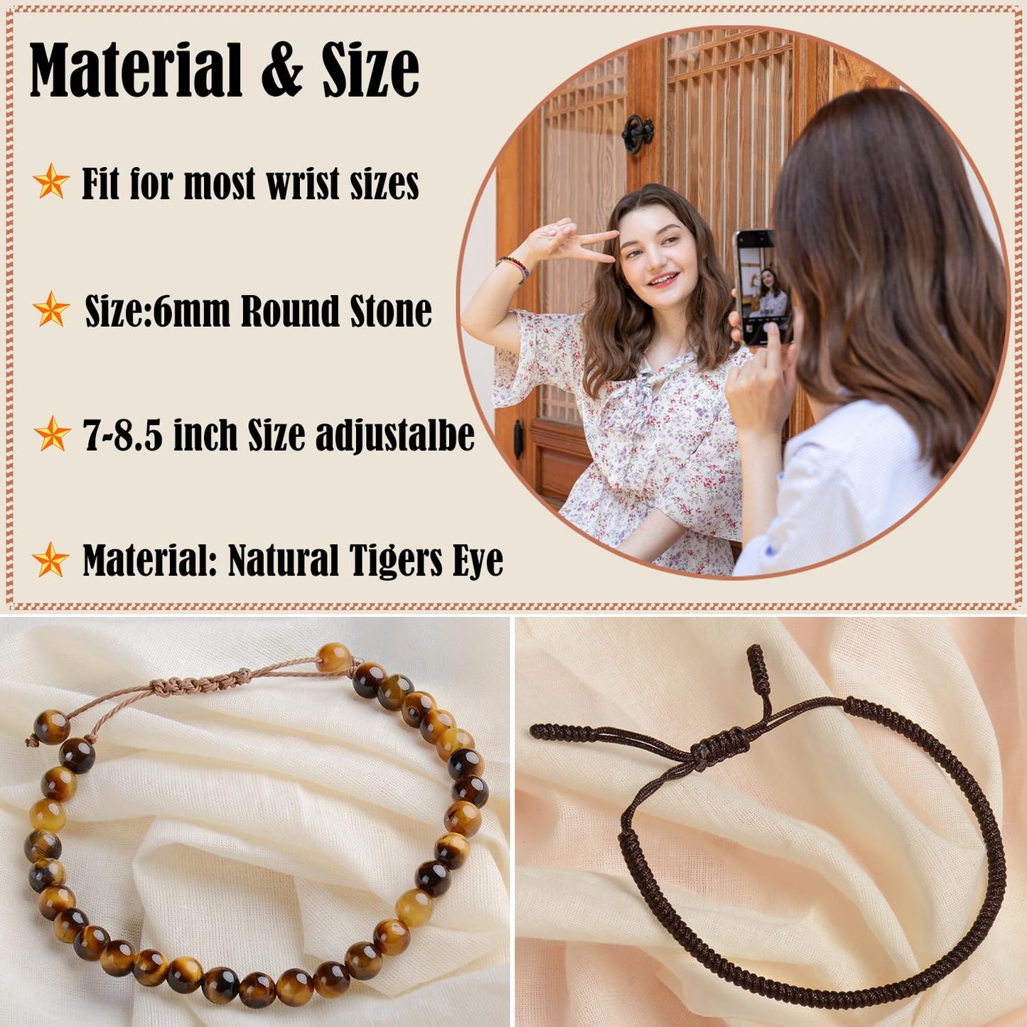 LPBeads 6mm Yellow Tiger's Eye Bracelet with Handmade Rope Bracelet Size Adjustable Natural Stone Crystal Healing Bracelets Gifts for Unisex Adults