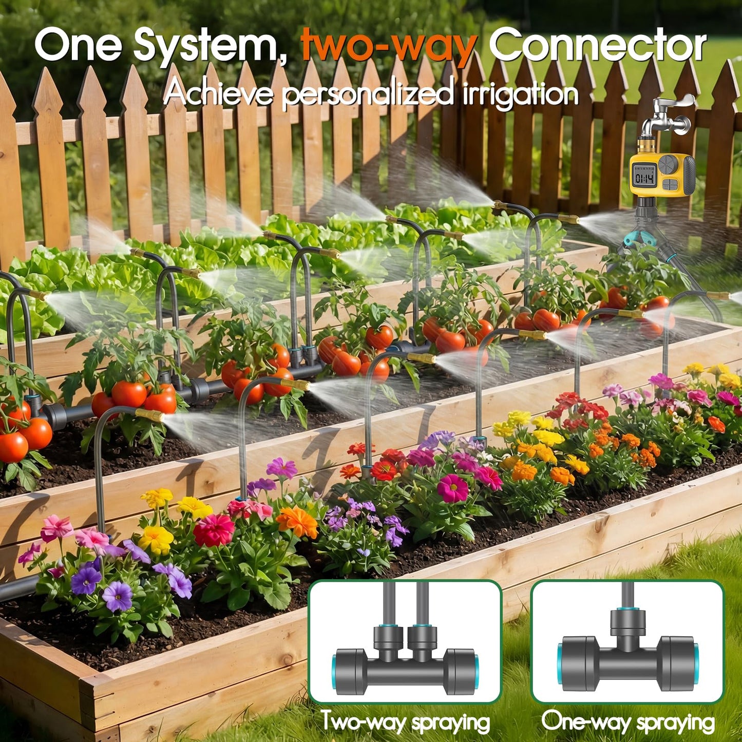 CyberOrd 360°Adjustable Drip Irrigation System Kit with Hose Timer - 98FT 1/2" Garden Watering System with 20 Copper Nozzles, Greenhouse Accessories, Irrigation System for Garden,Yard, Lawn, Plant