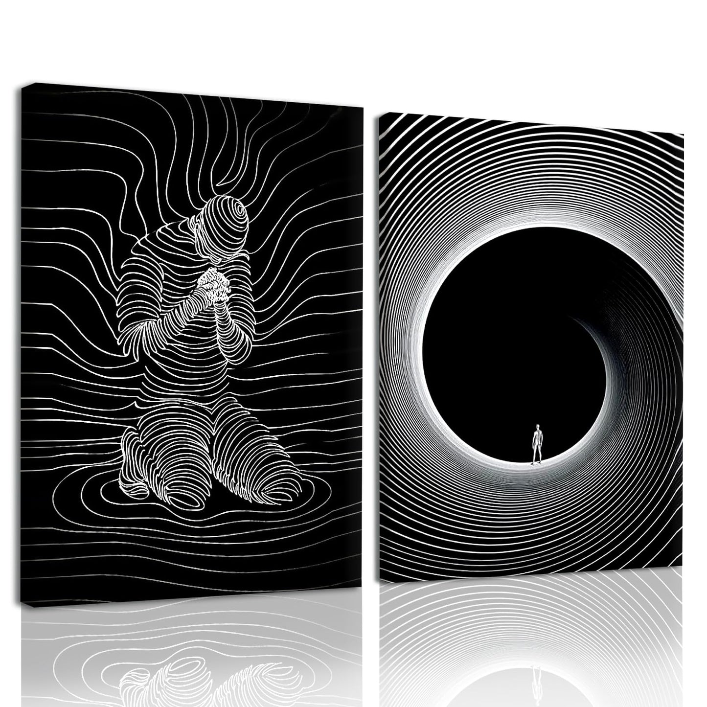 AUUAUU 2 Pcs Abstract Line Art Wall Art Black and White Modern Canvas Painting Minimalist Mental Health Wall Decor Surreal Human Figure Tunnel Art Prints for Living Room Bedroom 12x16 Inches
