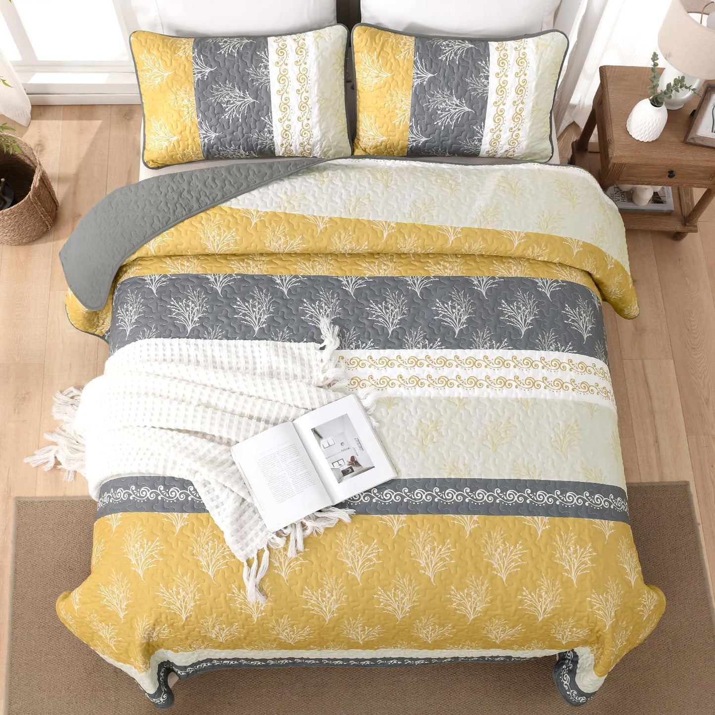 DJY Yellow Boho Quilt Set Queen Size, Striped Floral Yellow and Grey Bedspread Coverlet, 3 Pieces Patchwork Stripe Quilt Bedding Set Soft Microfiber Reversible Bedspread for All Season (96"x90")