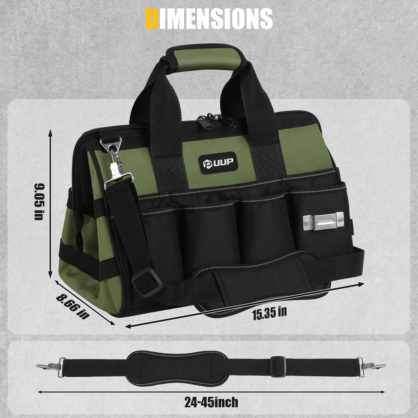 UUP Heavy Duty Tool Bag 15-Inch, 16-Pocket Portable Empty Tool Box Organizer, Big Storage Toolbox Organization, Soft Handle Large Zipper Carrying Toolbag, Father Day Gifts for Him Dad Men, Green