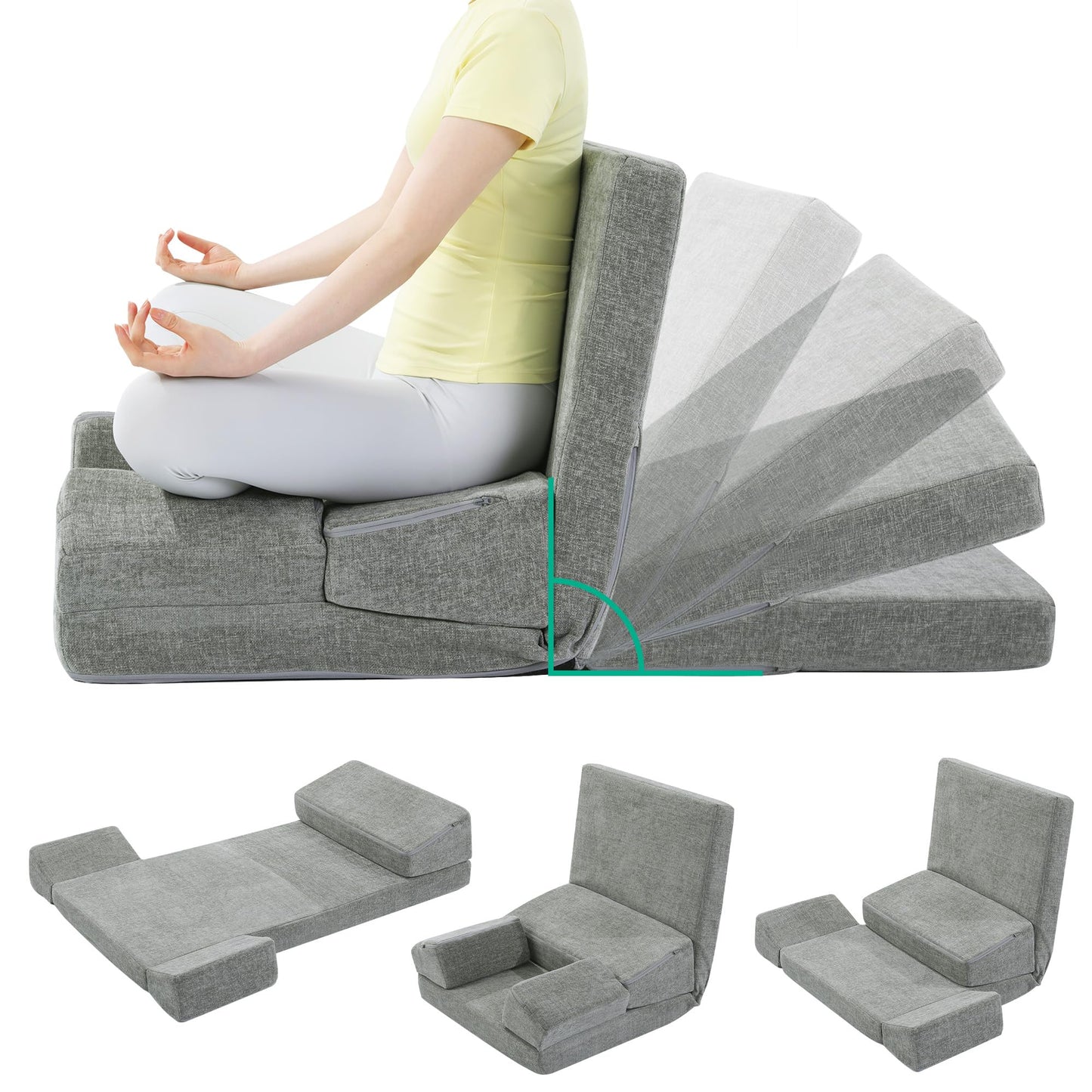 HOMBYS Pro Meditation Cushion Set with Adjustable Back Support, Large 3-in-1 Floor Sitting Chair for Yoga & Meditation, Extra Thick Yoga Pillows for Adults with Knee Support, Grey