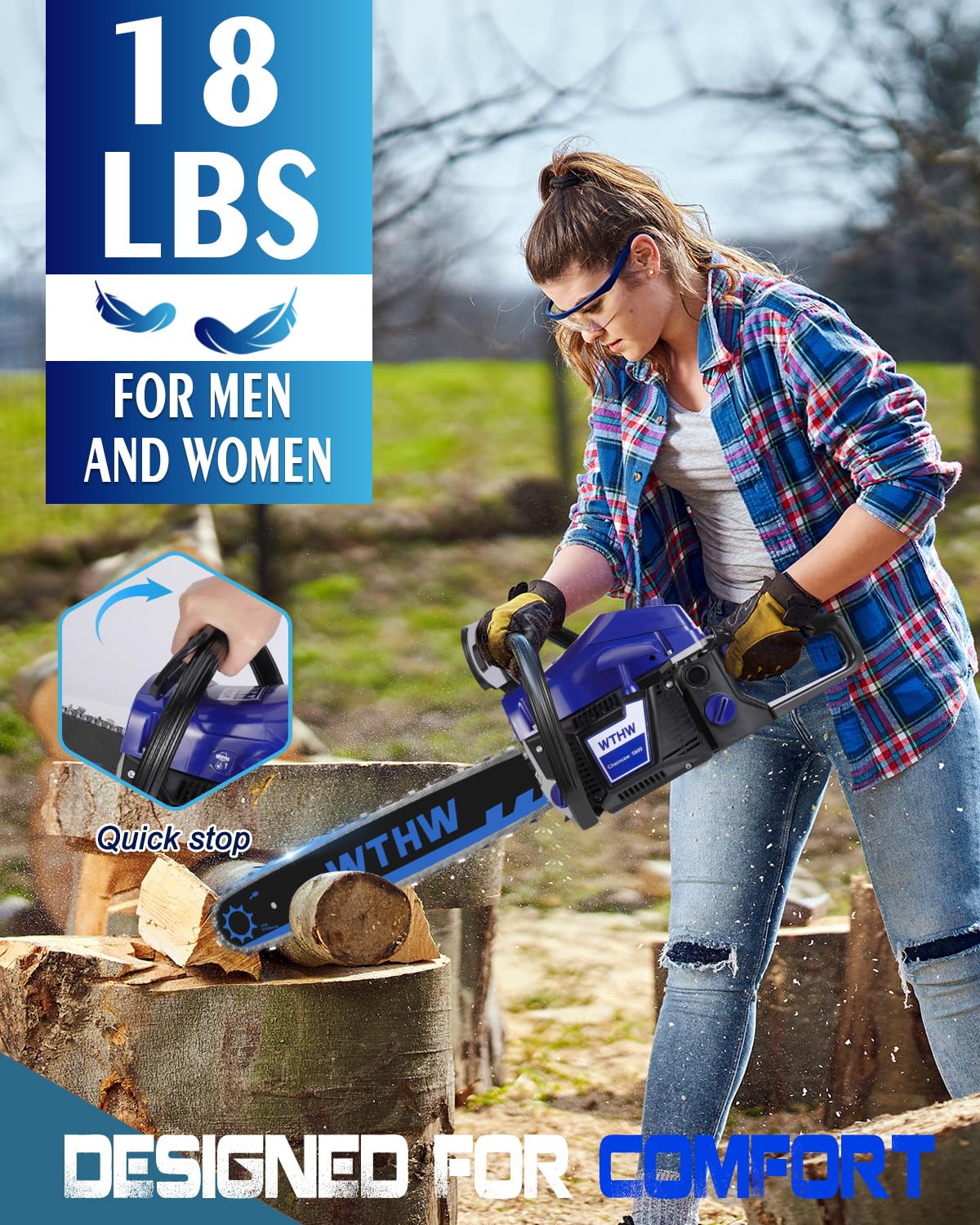 WTHW 58 cc Gas Powered Chainsaw, 20 in & 18 in Quick-Switch Bars – 550 ml Fuel 260 ml Oil Tanks, Automatic Chain Oiler, Centrifugal Air Filter, Quick Start, Inertial Chain Brake (Blue)