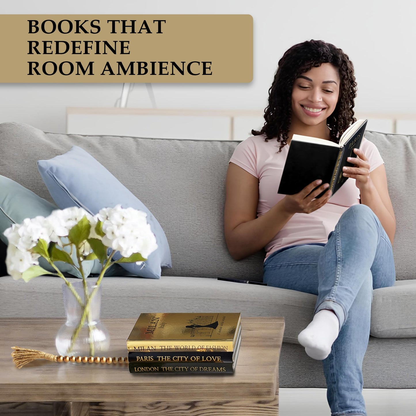 SIMPLIFY ASTHETIC - Decorative Books Set of 3 with Golden Garland Bead - Decorative Books for Coffee Table, Home Decor - Designer Books Decor Set - Faux Books for Bookshelf