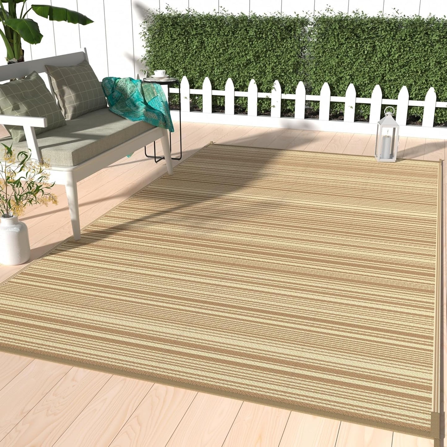 GENIMO Outdoor Rug 9x12 ft Waterproof, Reversible Plastic Straw Patio Rug for RV Camping Mat, Deck, Backyard Balcony Mat - Lightweight & Easy to Clean, CoffeeBeige
