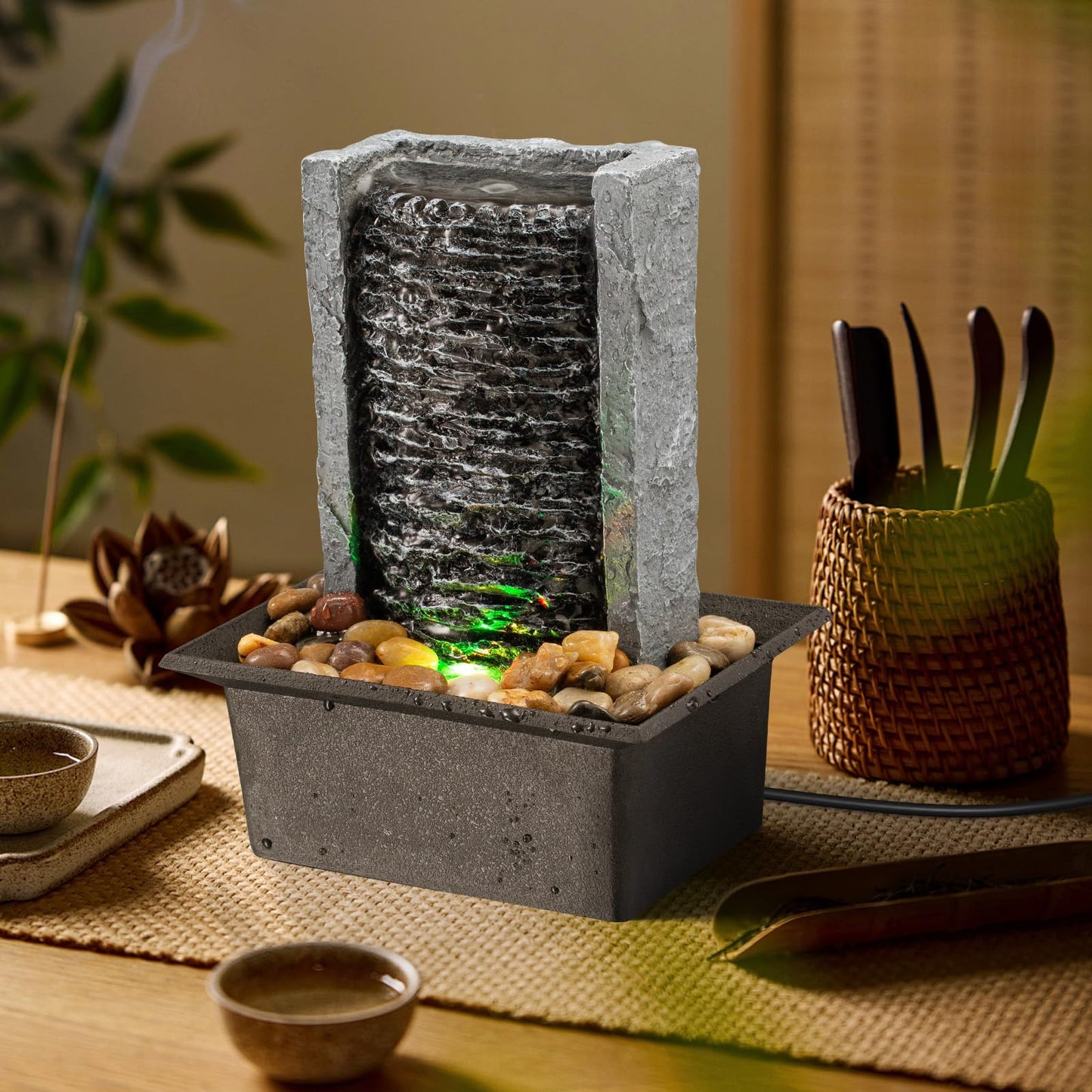 Tabletop Fountain Indoor Waterfall Rock Fountain LED-Lights Water Feature Waterfall for Modern Home and Office Indoor Decoration