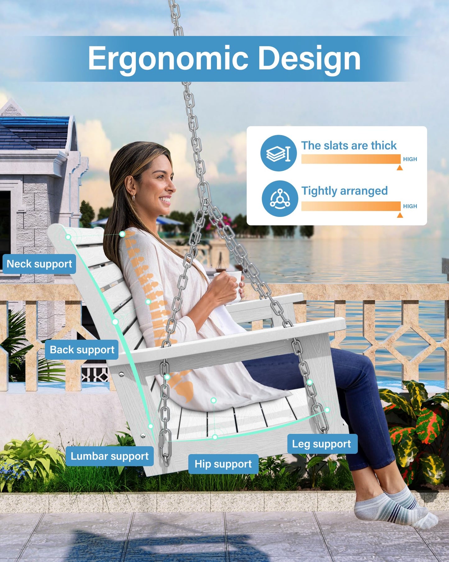 YEFU Hanging Porch Swing Outdoor: 2-Seat Patio Swing Bench-All Weather Swings Chair with Hanging Chains-Look Like Real Wood-Garden/Courtyard/660Lbs Weight Capacity/4FT/White