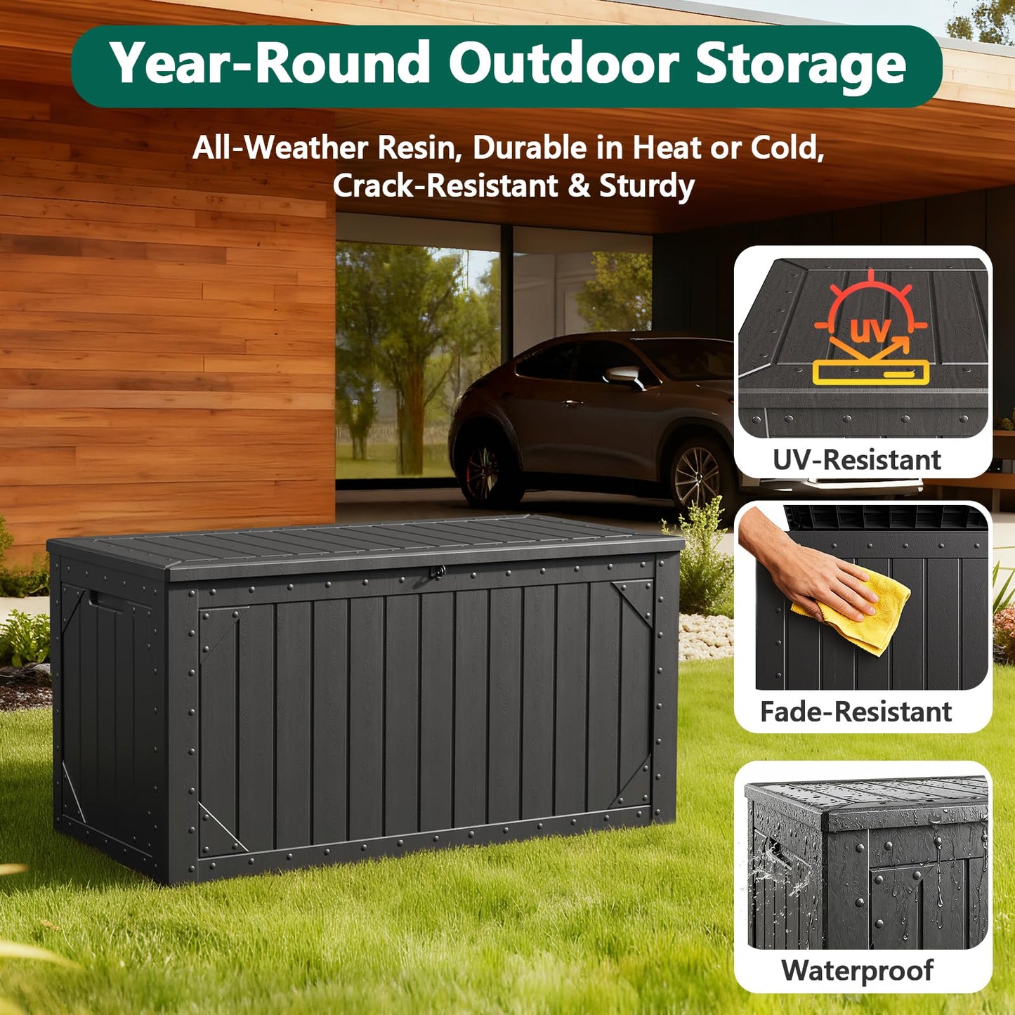 MAKE CHANGES 100 Gallon Outdoor Storage Box, Waterproof Resin Deck Box Organizer for Patio Cushion Storage, Lockable Outside Container for Garden Tools