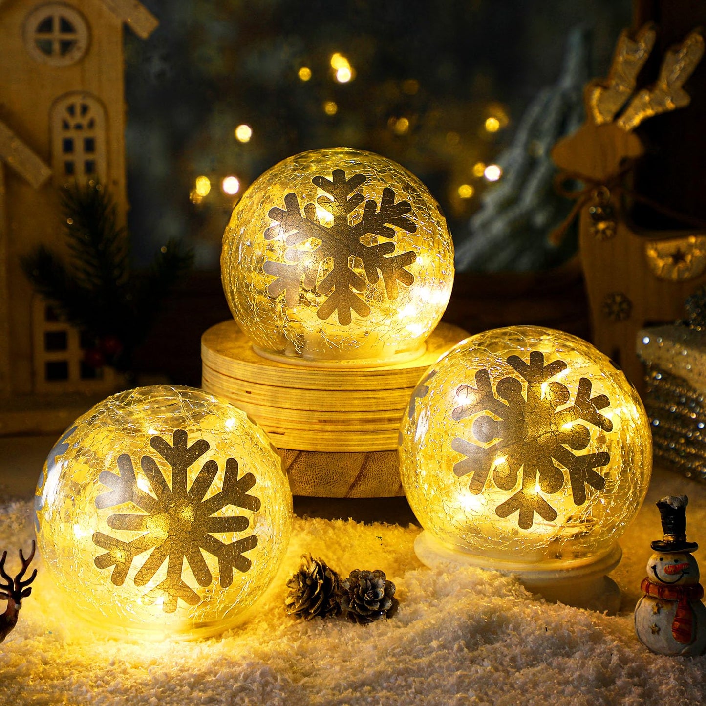 Tujoe 3 Pcs Winter Decorations Indoor 4 Crackle Snowflakes Glass Globe Ball Lamp Night Lights with LED Timer Battery Operated Lighted Decorative Tabletop Decor for Table Home Centerpiece Party Gift