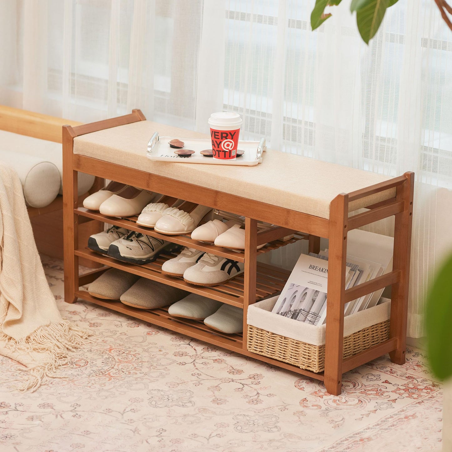 PETKABOO Hall Tree with Bench and Shoe Storage, Coat Rack Shoe Bench Set with Seat Cushion and 6 Hooks for Entryway, Hallway, Living Room and Bedroom