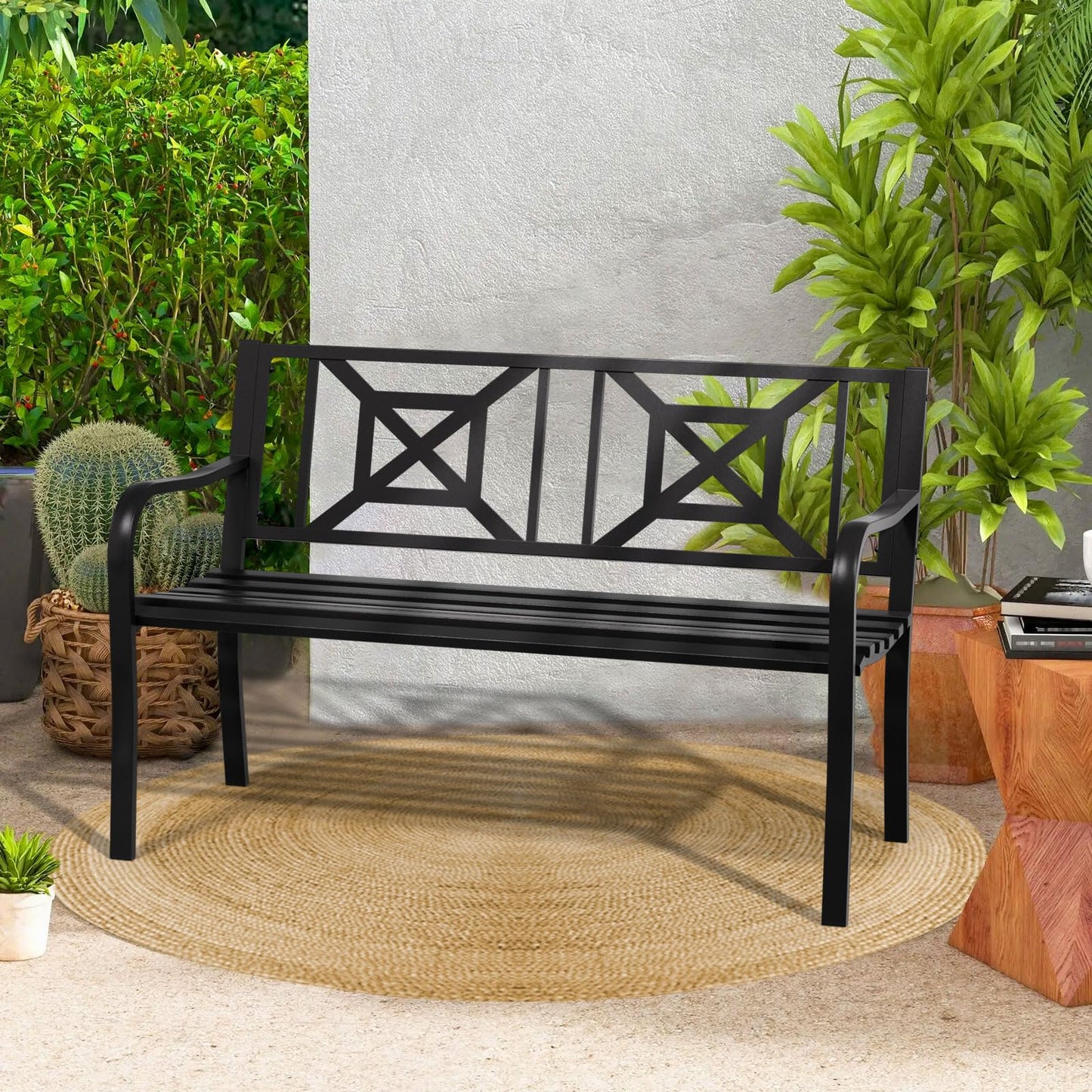 Gymplis Outdoor Bench Garden Bench Patio Bench,Weatherproof Anti-Rust Metal Powder Coated Frame Park Bench,Metal Bench for Yard & Porch & Park (Geometric)