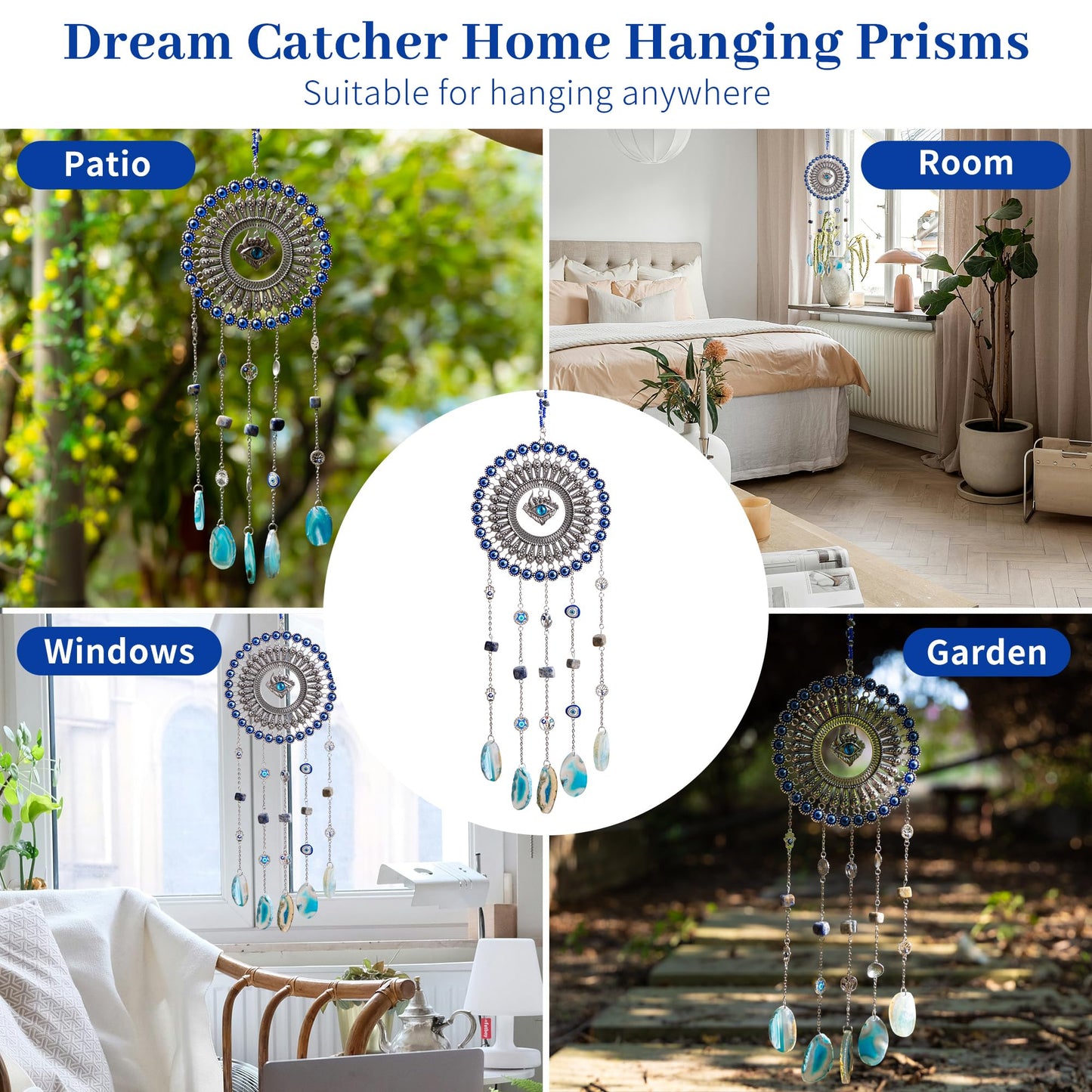 Evil Eye Dream Catcher, Handmade Blue Agate Stone Catcher with Crystals, Protective Bohemian Wall Hanging Decor for Bedroom, Window, Garden - Unique Housewarming Gift for Friends and Family