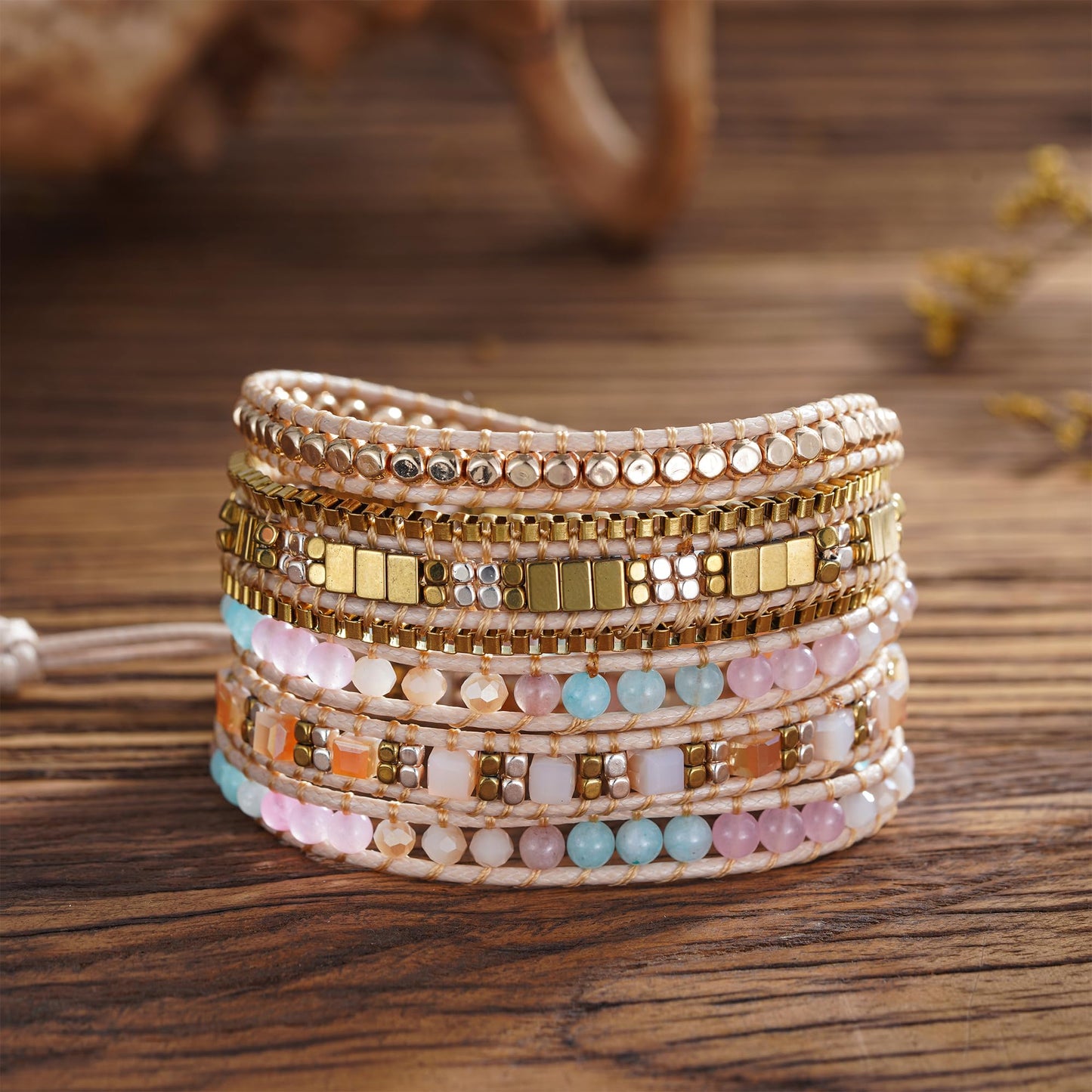 Plumiss Women Boho 5 Wraps Stone Crystal Bracelets Handmade Beaded Statement Stainless Steel Box Chain Bracelet Jewelry