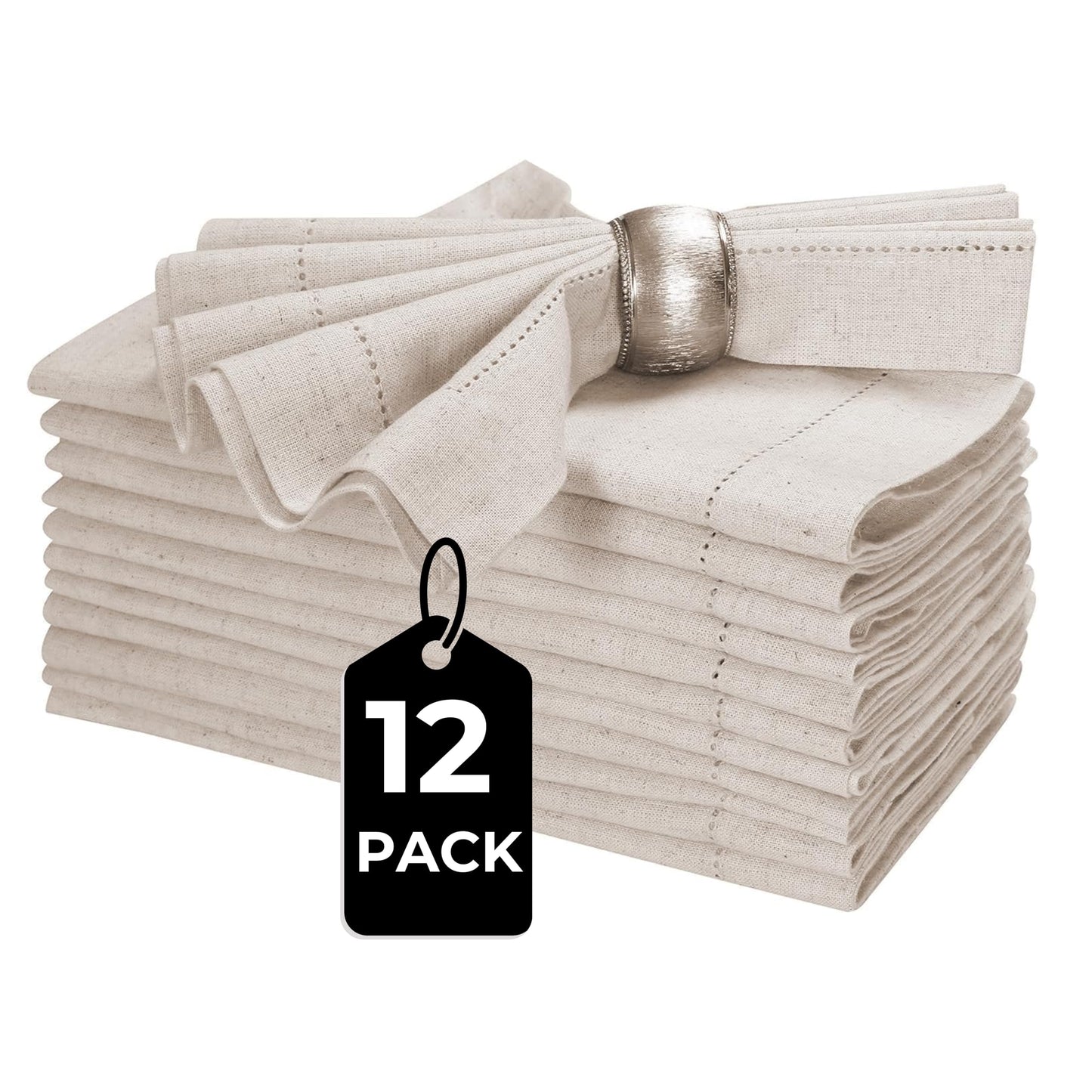 Homidate Linen Flax Cotton Cloth Dinner Napkins Set of 12 – 18x18 Natural Fabric with Hemstitched Mitered Corners – Machine Washable Wedding, Cocktail & Party Table Napkins