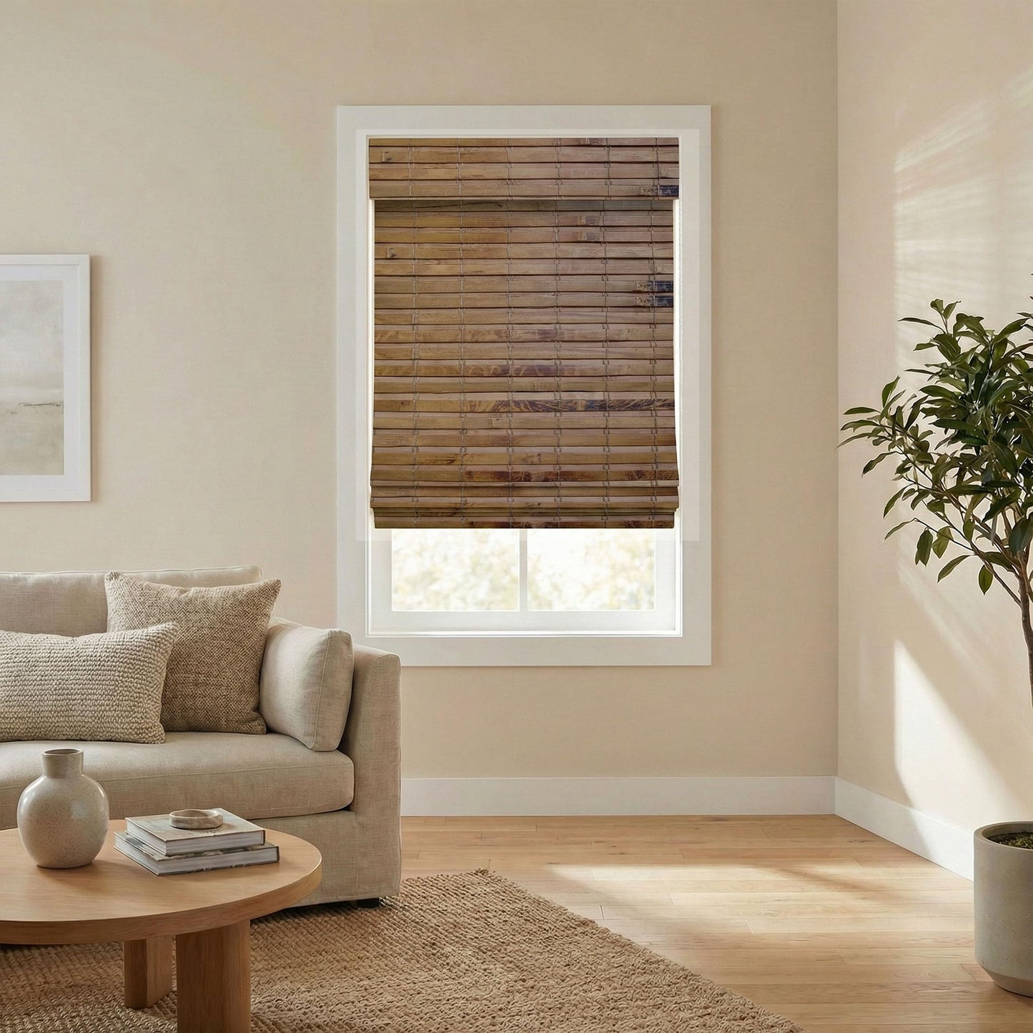 Cordless Woven Wood Roman Shades, Sizes 20 to 72 Wide and 24 to 72 High, Hatteras Camel (Click Customize Now)