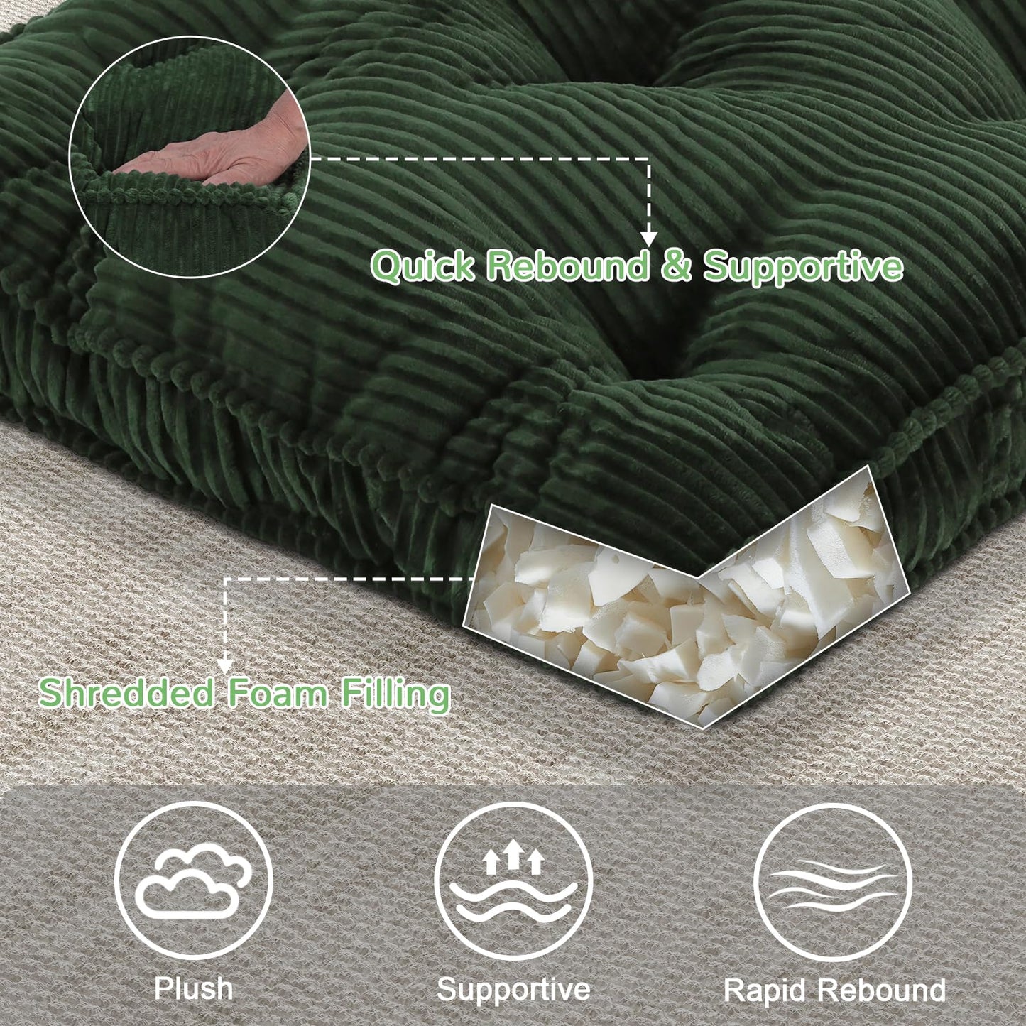 PRIMEPATIO Floor Pillow, 24x24 Tufted Floor Cushion for Adults, Square Large Meditation Cushion Pillow, Green Corduroy Sitting with Handle, Yoga Seating for Tatami, 1Pack