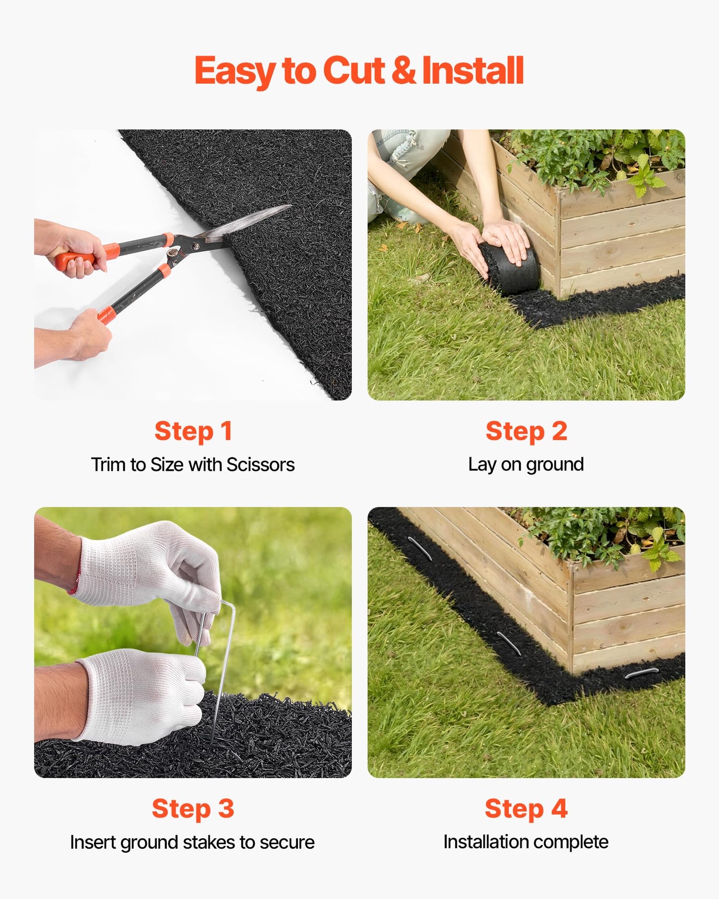 VEVOR Rubber Mulch Mat Roll, 4 Rolls 120 x 4.5 in, Recycled Rubber Permanent Mulch Edging Border, Natural-Looking Flower Barrier with Stakes, 0.5 in Thick Cuttable Garden Edgings for Landscaping