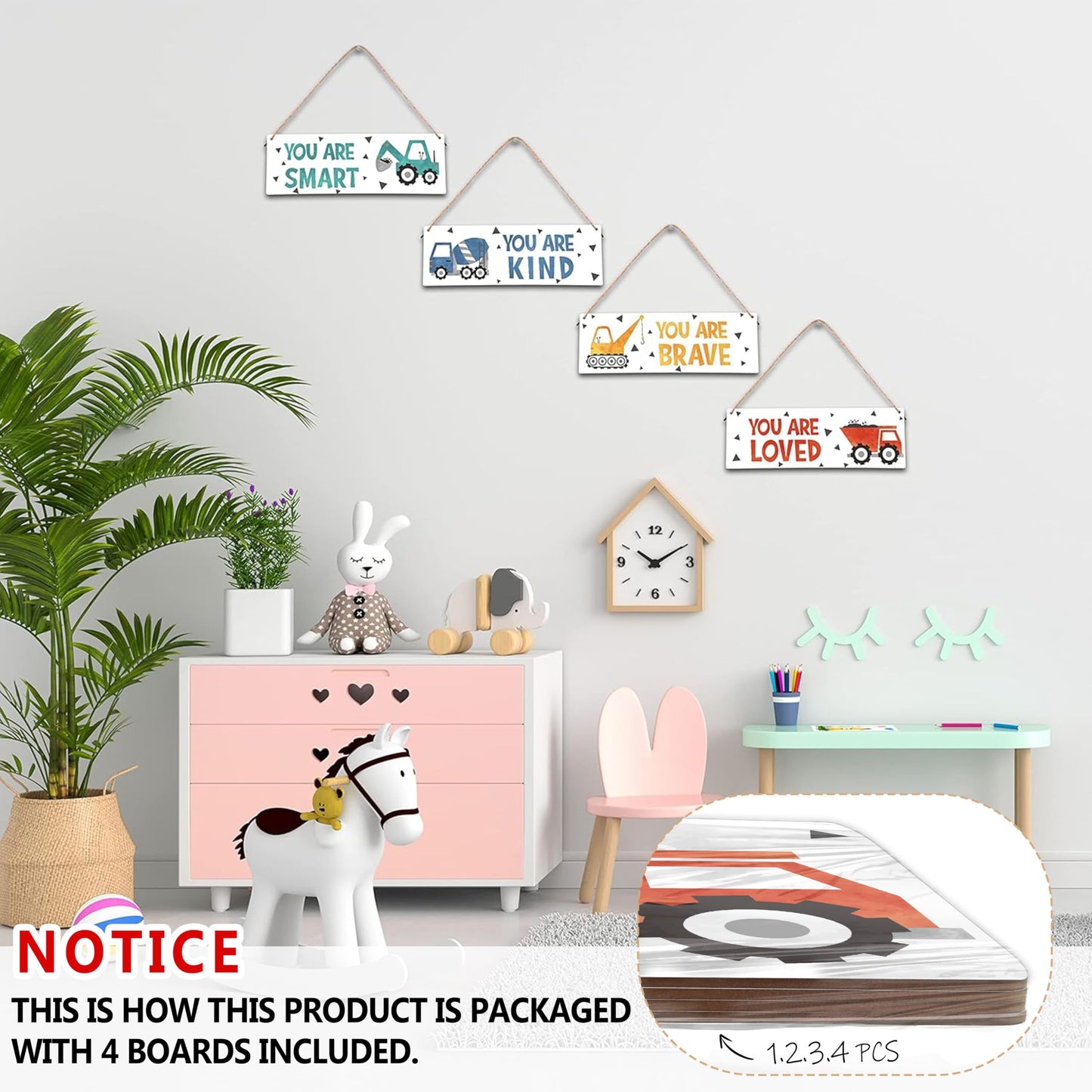 4 Pieces Construction Vehicles Decor Kids Room Wall Decor Wooden Sign - Motivational Wall Art For Kids Room Nursery Playroom Classroom(Sign-01)