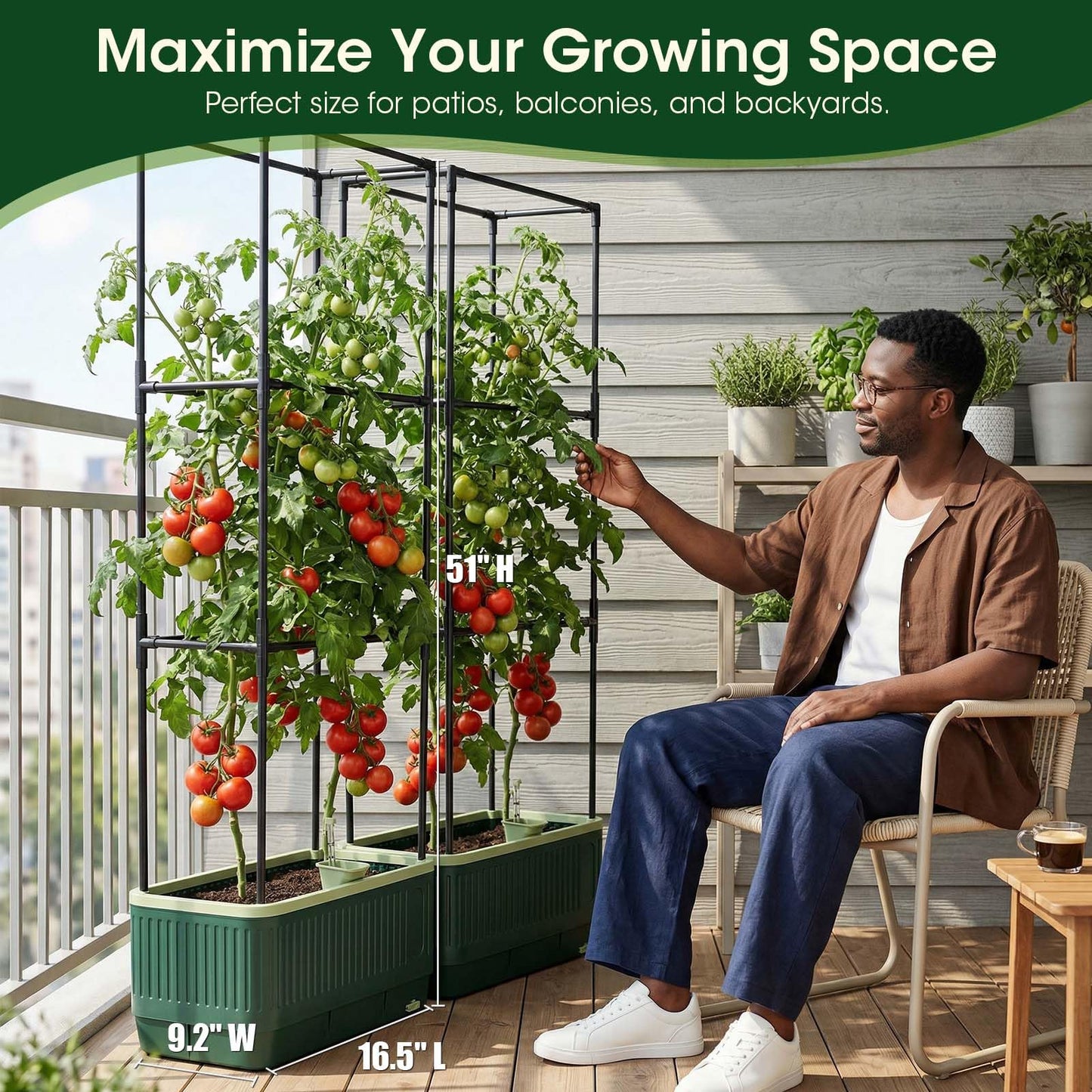 MQHUAYU 51" Self Watering Planter Box with Trellis, Tomato Planter Trellis for Raised Garden Bed, Tomato Cage with Visual Water Indicator, Indoor Outdoor Tomato Cages for Garden Patio