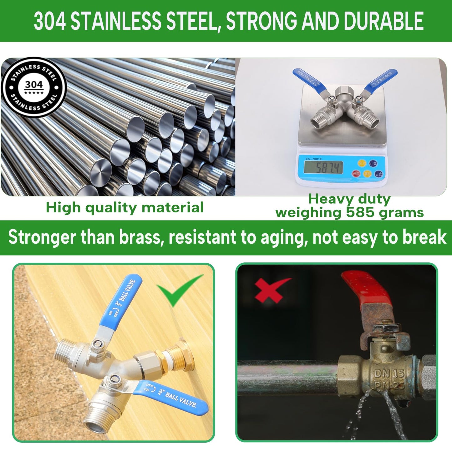 304 Stainless Steel Garden Hose Splitter 2 Way Heavy Duty, Full Flow Hose Y Splitter with Long Handle,Lead-free Y Valve Water Garden Hose Adapter,3/4" GHT Threads