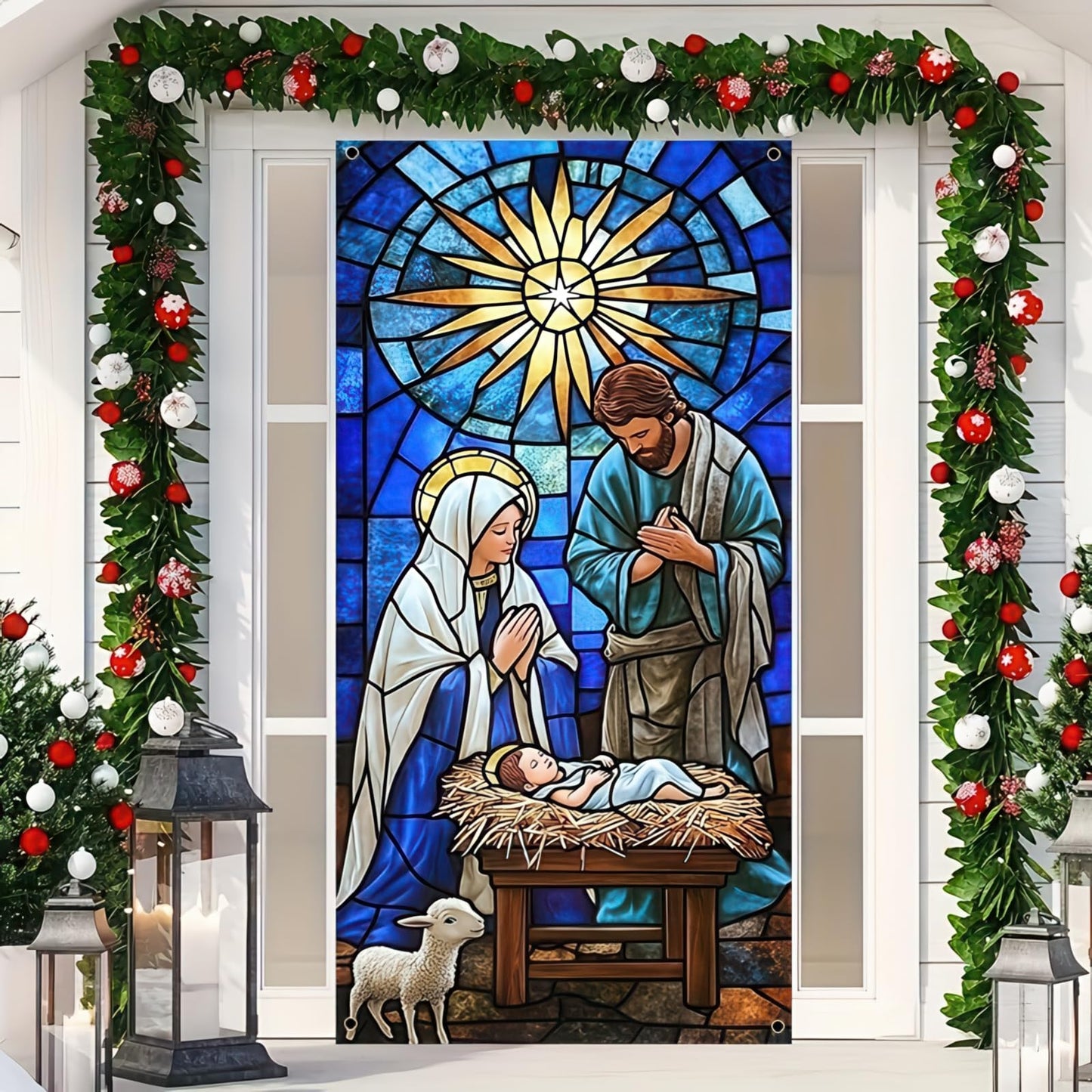 BlissYard Christmas Door Cover 71x35 Inch Nativity Scene Door Banner, Religious Christmas Decoration with Holy Family Design, Front Door Indoor Outdoor Holiday Party Photo Backdrop Hanging Cover