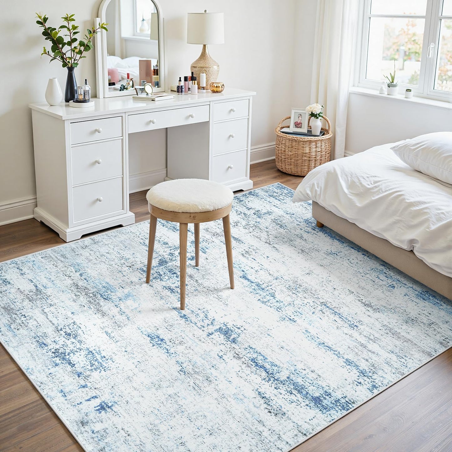 Area Rug Living Room Rugs: 5x7 Large Soft Indoor Carpet Modern Abstract Rug with Non Slip Rubber Backing for Under Dining Table Nursery Home Office Bedroom White Gray Blue