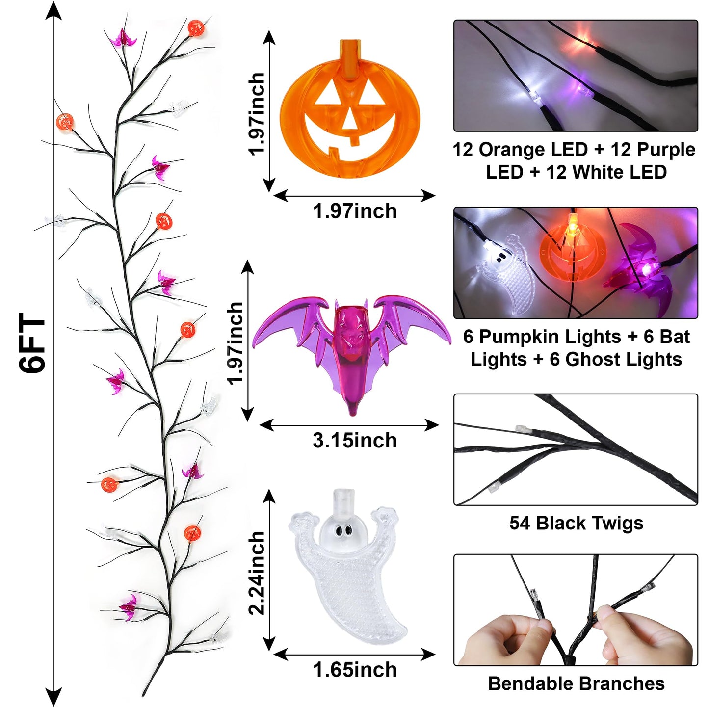 Sakayo [Timer] 6 FT Willow Vine Twig Halloween Decorations Garland with Pumpkin Bat Ghost Lights, 8 Modes Waterproof Battery Operated Halloween Lights Indoor Home Wall Window Mantle Party Decor