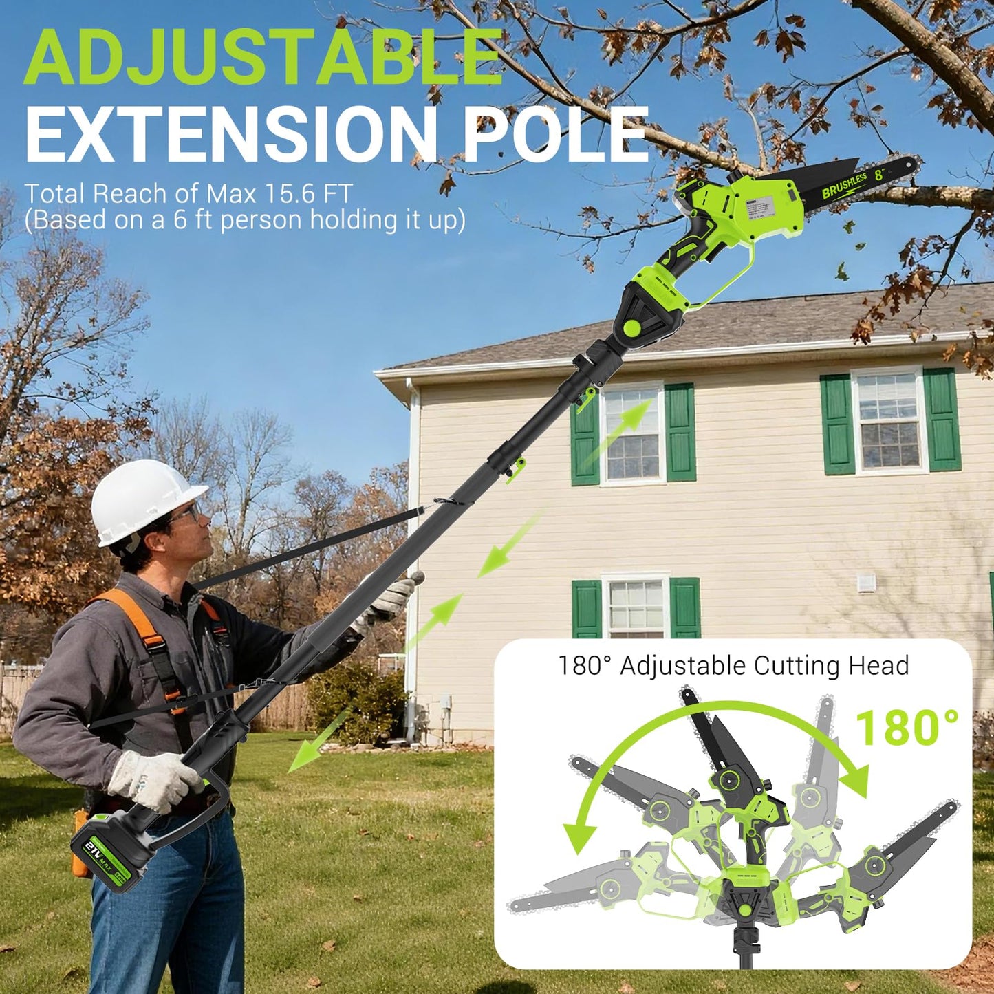 2-In-1 Cordless Electric Pole Saw for Tree Trimming, 8 Inch Chainsaw with 2 x 3000mAh Batteries, LCD Display, 15.6 FT Max Reach, 180° Adjustable Cutting Head for Tree Trimmer Limb Branch Cutter Pruner