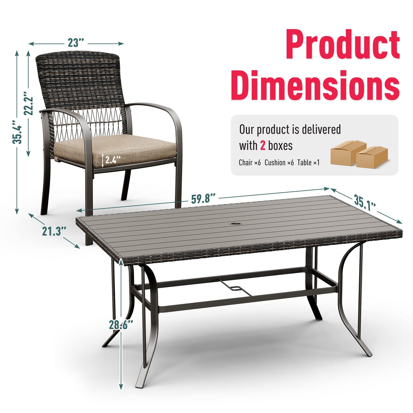 Pamapic 8504 Patio Dining 7 Piece, Outdoor Wicker Furniture Set for Backyard Garden Deck Poolside/Iron Slats Table Top, Removable Cushions, 7 Pack, Beige