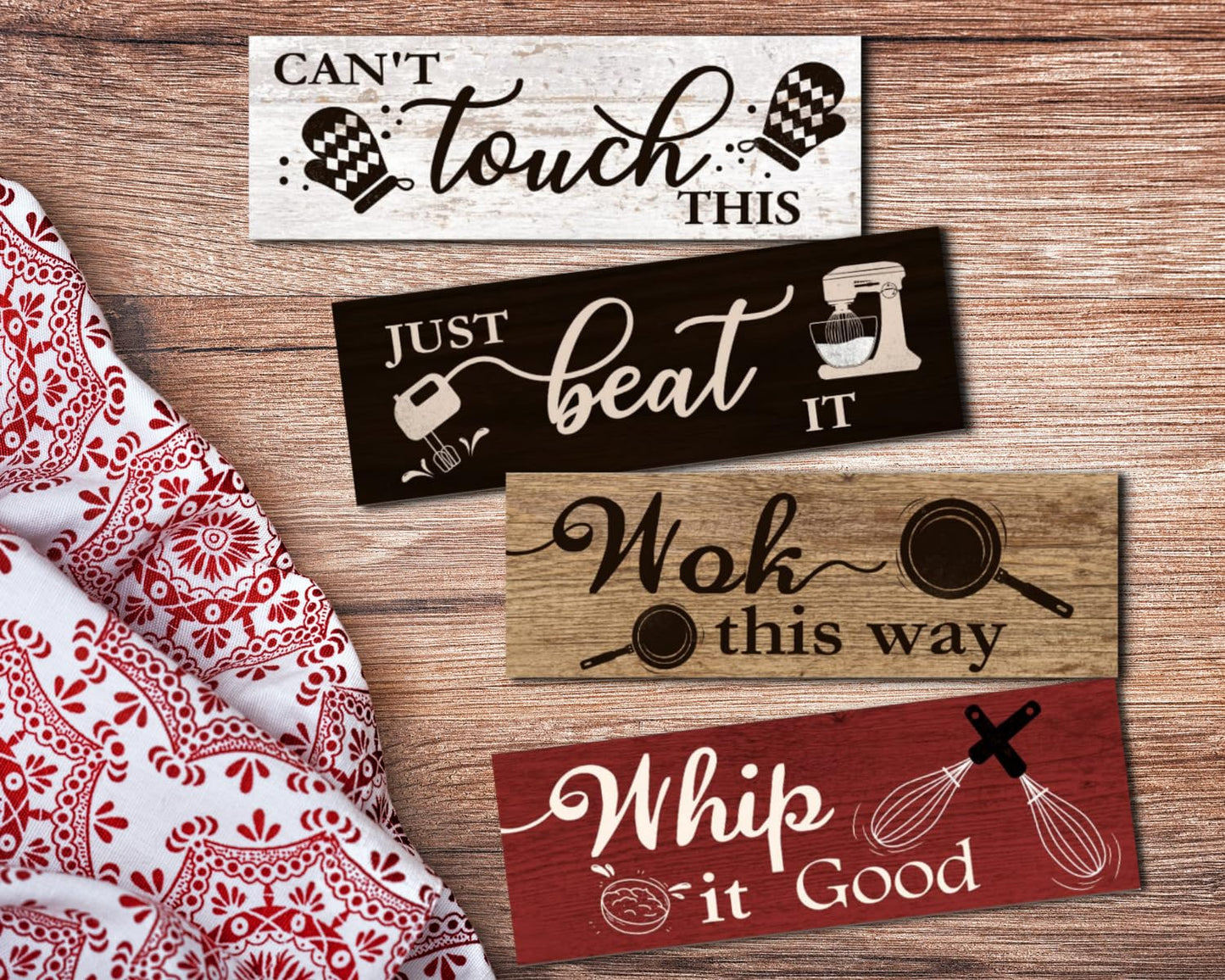 4 Pcs Kitchen Wall Decor Signs, Funny Wood Home Sign, Rustic Farmhouse Wall Hanging Art for Kitchen Dining Room Decoration (Retro Style-A, 4 x 11.8 inch x 4pcs)