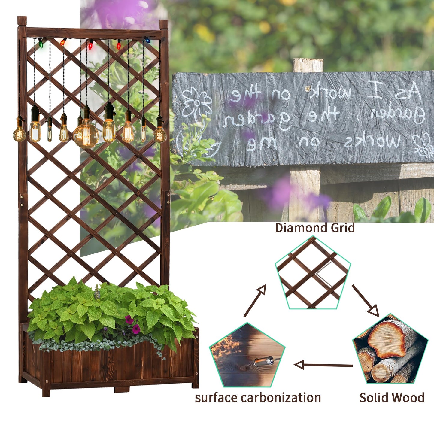 Anraja Raised Garden Bed with Trellis Wooden Planter Box Set of 2 Outdoor Wood Compact Privacy Screen for Climbing Plant Flower Patio Tomato Vegetable Herb Balcony Porch 29.5" L x 17.0" W x 67.0" H