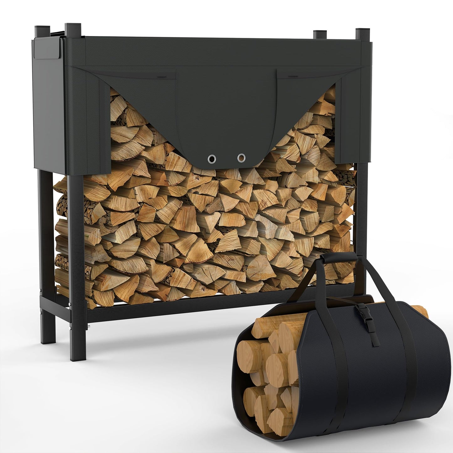 WALMANN Heavy-Duty Firewood Rack with Waterproof Cover & Firewood Carry Bag, 4 ft Outdoor Indoor Wood Log Holder for Fireplace, Patio & Porch, Sturdy Steel Fire Wood Storage Stand