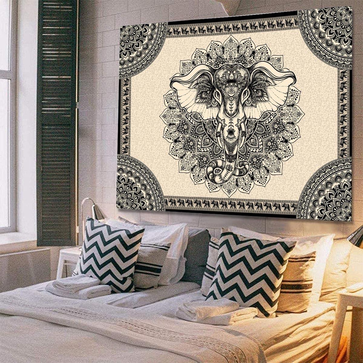 AACKart Mandala Elephant Wall Tapestry, Bohemian Hippie Boho Trippy Indie Aesthetic Home Tapestry, Black Yoga Mystic Vintage Wall Hanging for Bedroom Living Rooms College Dorm Studios-59x51 Inches
