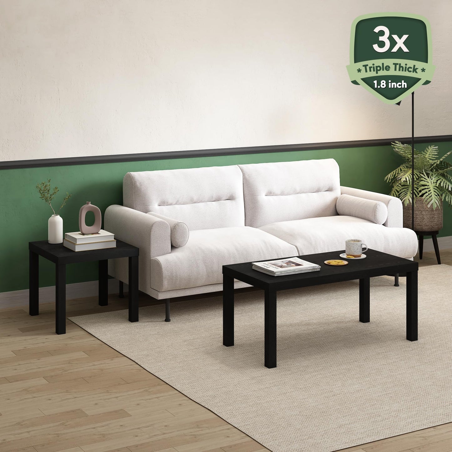 Furinno CLASSIC Coffee Table, Modern Rectangle Coffee Table with 1.8" Triple Thick Tabletop, Side Table, Toolless Assembly, for Living Room, Home Office, Black