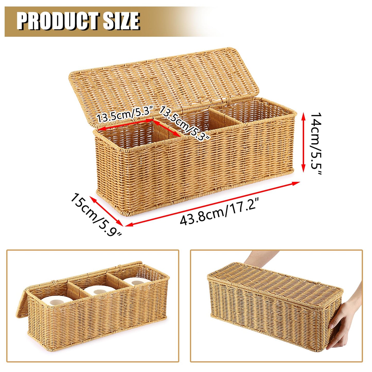 Sumnacon Wicker Storage Basket with Lid, Rectangular Narrow Baskets for Bathroom, Farmhouse Imitation Rattan Bin with Dividers, Decorative Handwoven Tray Organizer for Countertop Shelves Toilet Tank