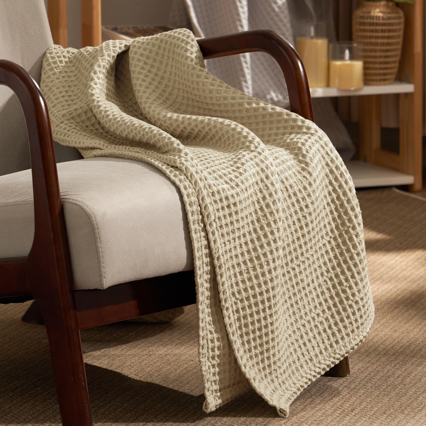 PHF Ultra Soft Waffle Weave Throw Blanket 50"x 60"- Washed Lightweight Breathable Cozy Woven Blanket for Bed - Aesthetic Decor for Couch Bedding Sofa Home Car - Khaki