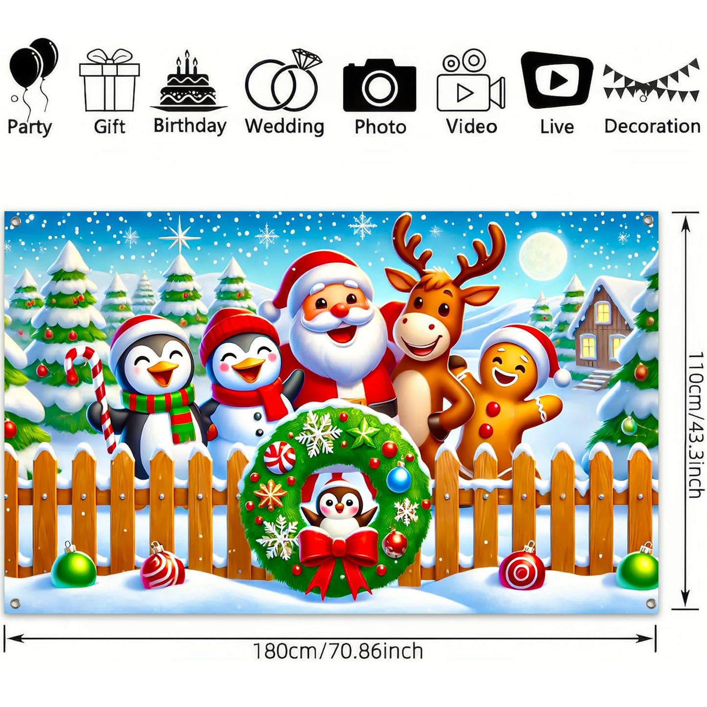 BlissYard Christmas Banner with Santa Claus Penguin Reindeer Gingerbread Snowman Scene Christmas Banner 71x43 Inch Cute Cartoon Holiday Backdrop for Xmas Party Indoor Outdoor Wall Yard Fence Decor