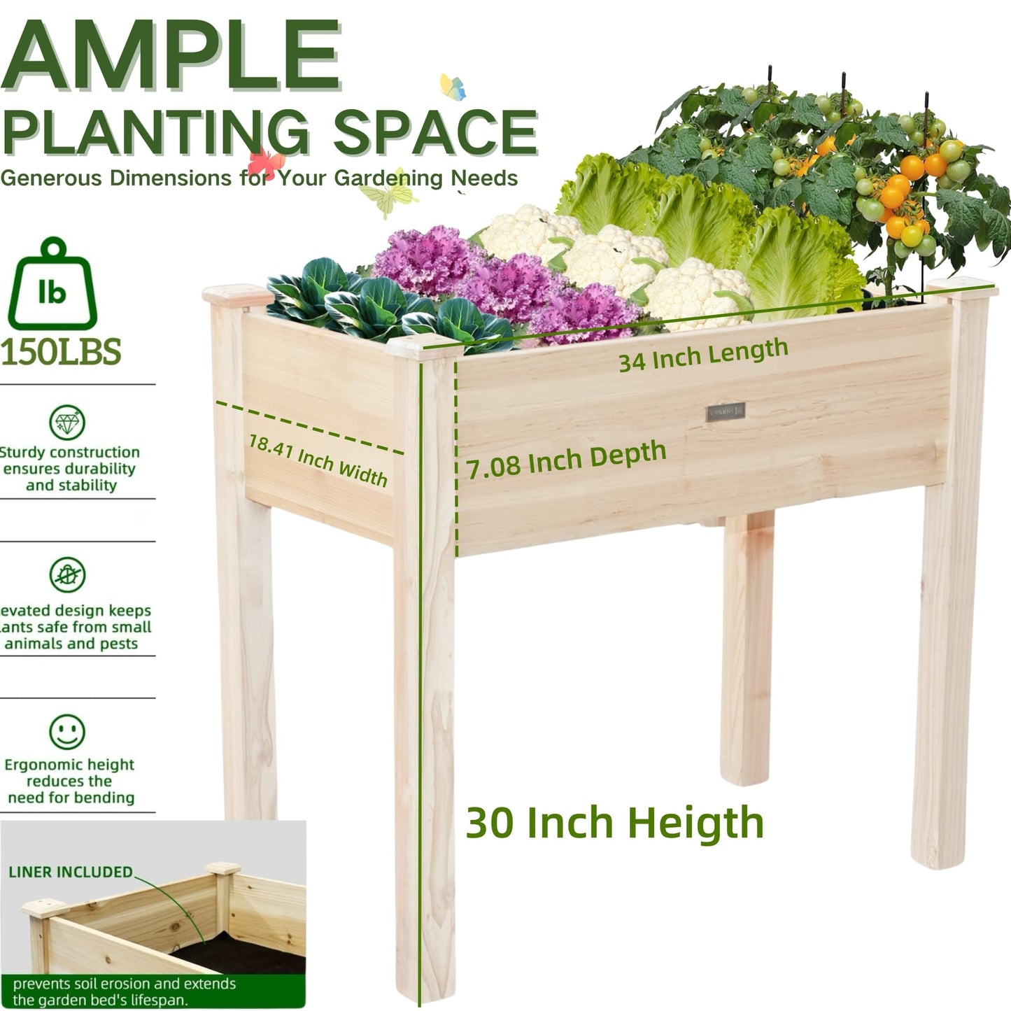 ZSYWODFO Wooden Raised Garden Bed with Legs, Elevated Reinforced Planter Box with Bed Liner for Outdoor Backyard/Patio/Gardener, 34x18x30in, 150lb Capacity - Natural