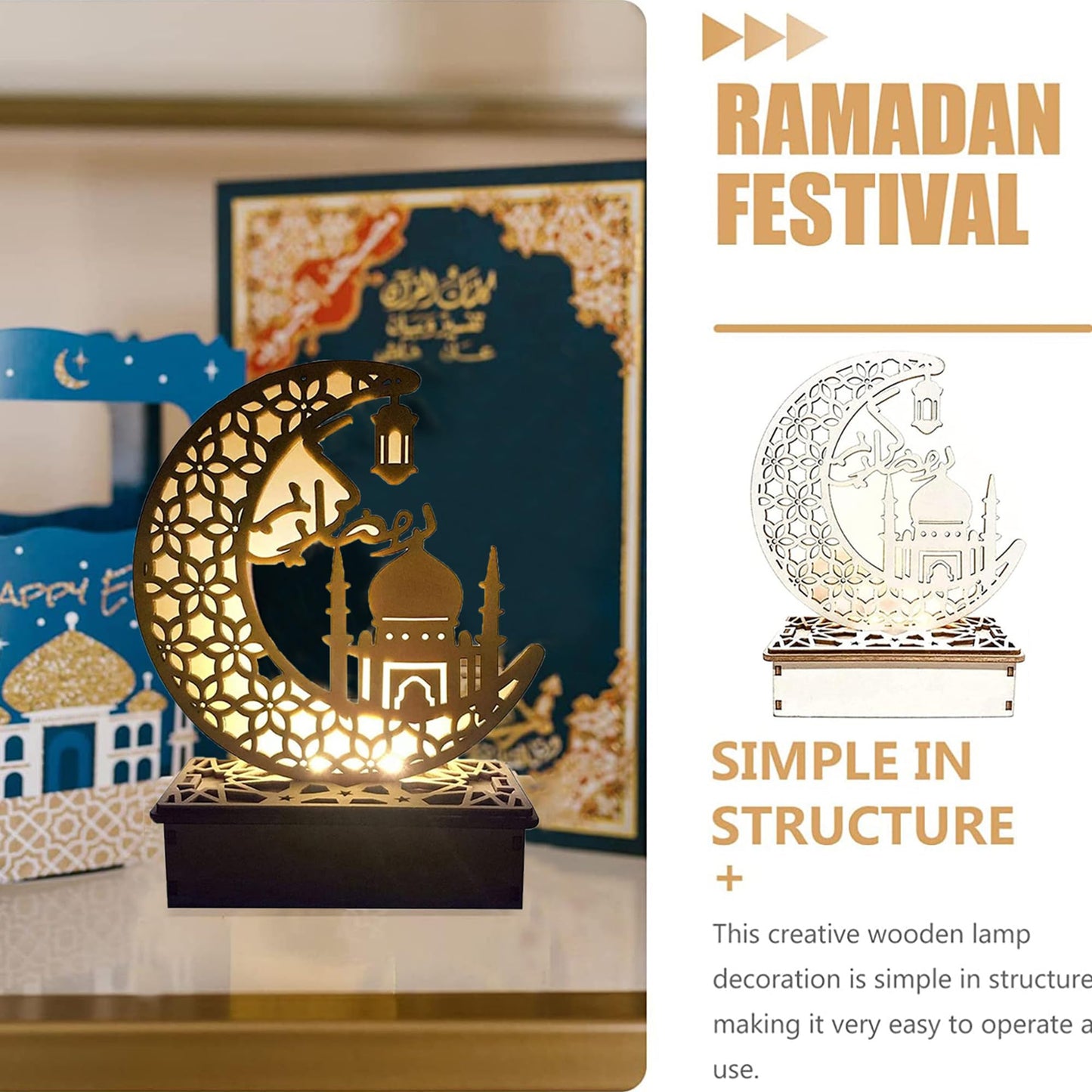 23GUANYI Ramadan Decorations for Home, Ramadan Lights, Eid Mubarak Decorations, 3D Wooden Eids Decoration Lights Home Party Bedroom for Muslims, Eid al-Fitr al-Adha Islamic Table Decor