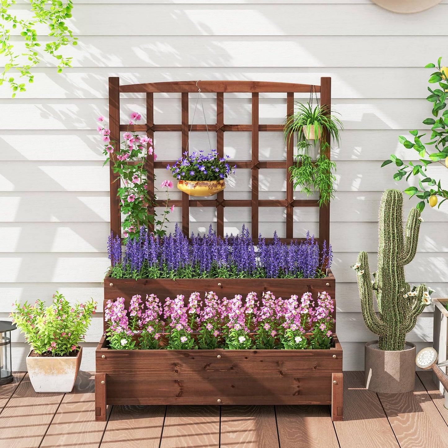 Giantex Raised Garden Bed with Legs and Trellis, 2-Tier Standing Planter Box with Drain Holes, Outdoor Elevated Garden Trellis for Vine Climbing, Flower Vegetable Fruit Herb Growing, Rustic Brown