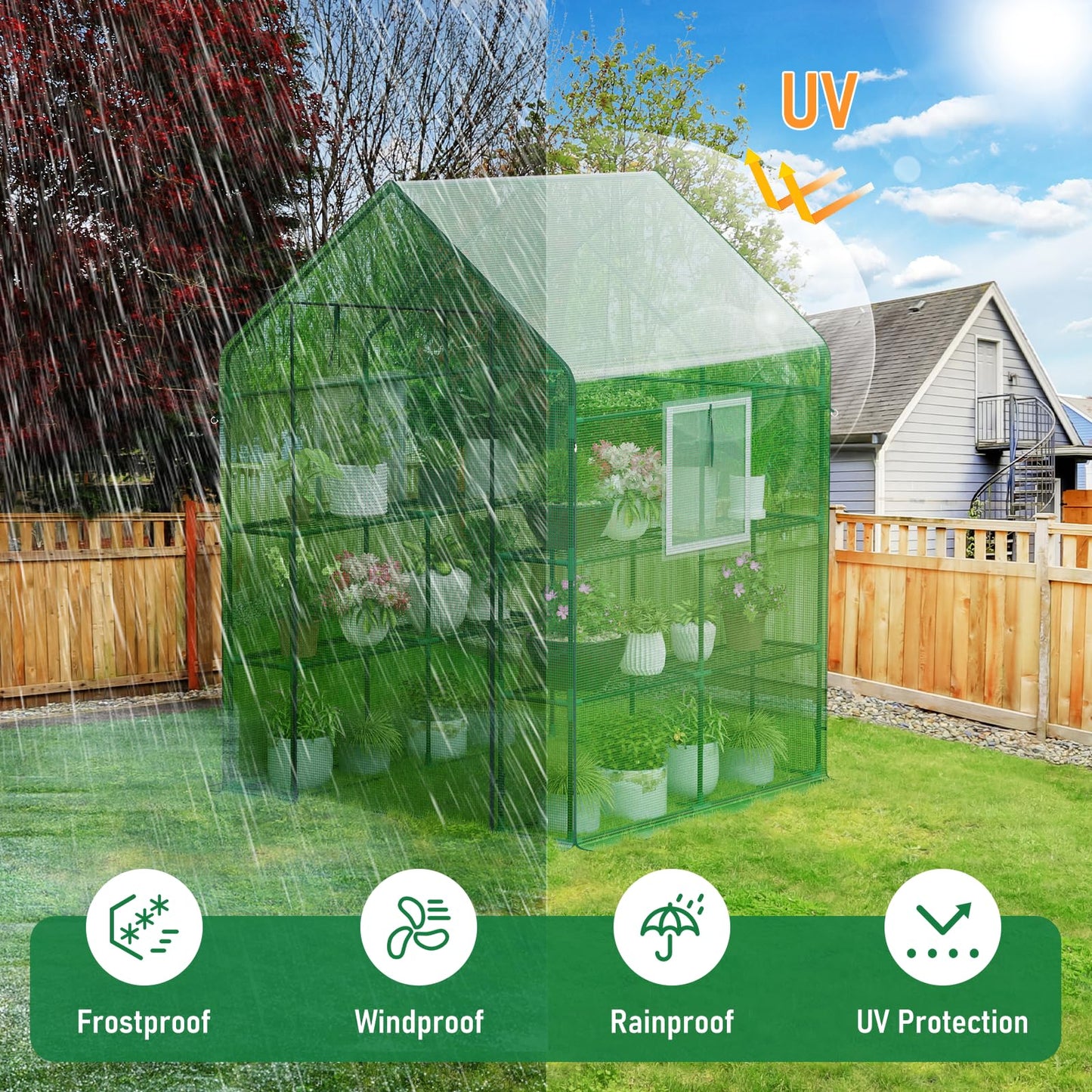 Fatazoii 56×56×78Inch Walk-in Greenhouse for Outdoors with Screen Windows, Heavy Duty Small Plant House with Thicken PE Cover and Steel Shelves, Portable Green House for Outside Garden Winter, Green