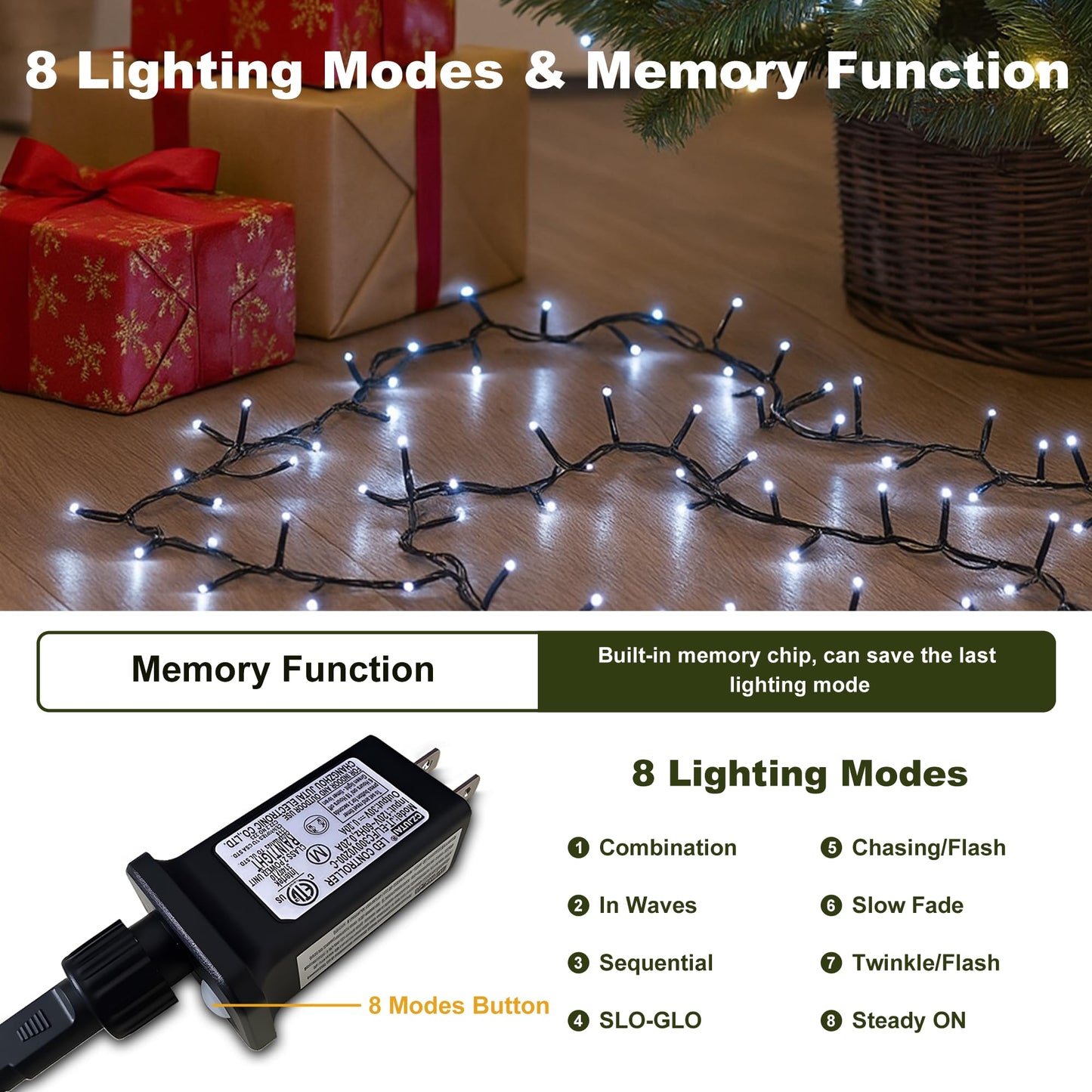 2-Pack Connectable 210FT 600LED Christmas String Lights Waterproof, Twinkle Lights with 8 Modes, Bright Indoor String Lights, String Lights Outdoor Green Wire for Holiday Party Christmas Decorations
