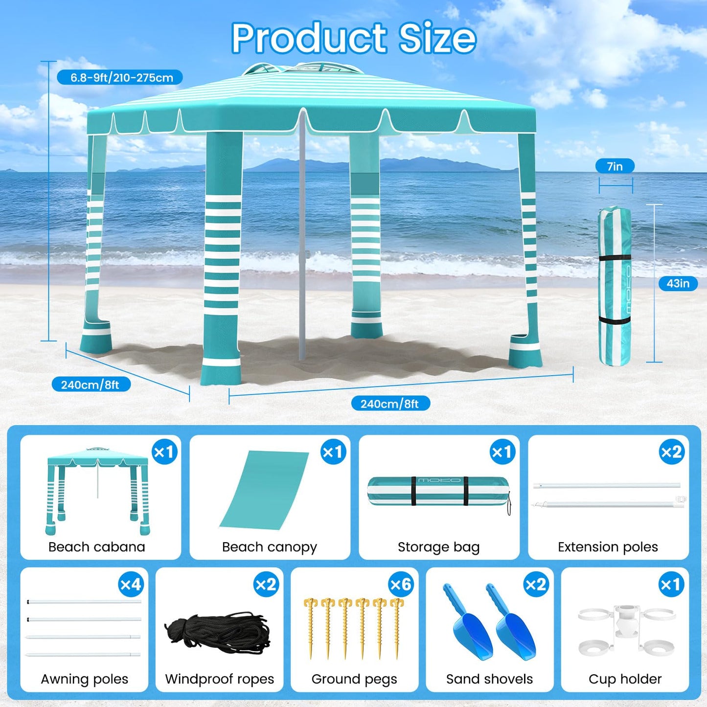 MoKo Beach Cabana,120 Sq. Ft. Large Beach Canopy Tent Sun Shade, UPF 50+ Protection Easy Setup Beach Tent, Adjustable Height Wind Resistant Cabana Sun Shelter for Whole Family, Light Green Stripes