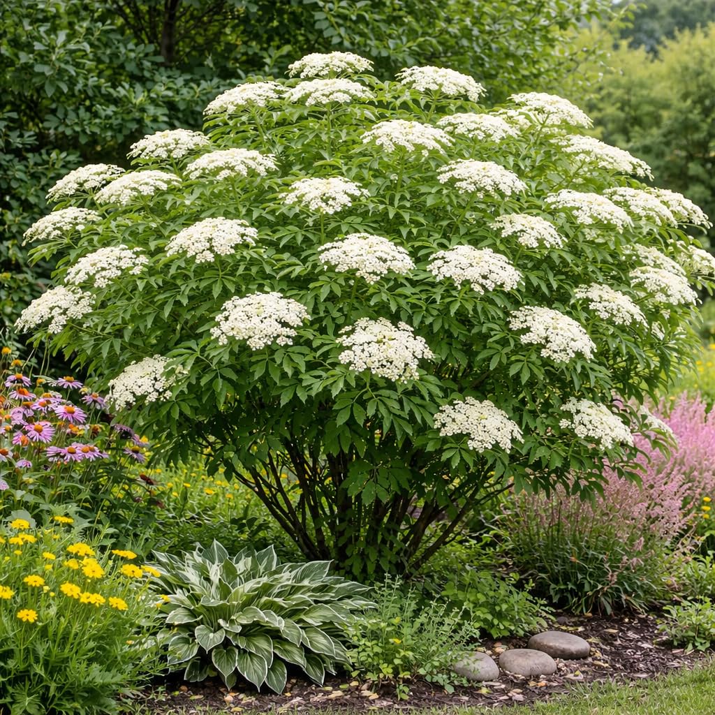 2 Elderberry Plants Live for Planting, Quart Pot Elderberry Bush, Fast Growing, White Flowering Shrub with Dark Berries, Ideal for Garden & Landscape