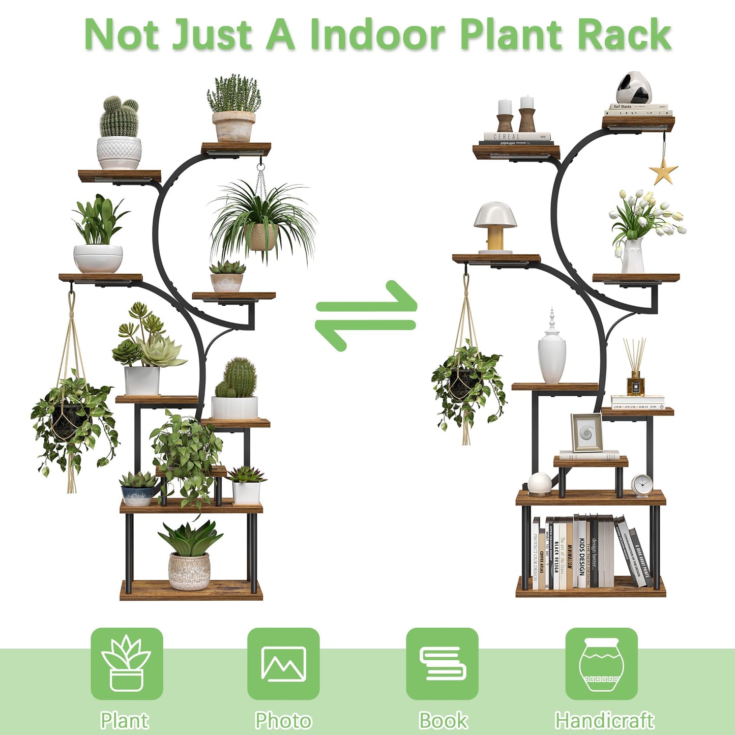 VECELO 66.1" Tall Plant Stand Indoor with Grow Lights, 9-Tier Plant Shelf with Hanging Hooks, S-Shaped Metal Plant Rack, Space-Saving for Home, Living Room & Corner Spaces, Brown