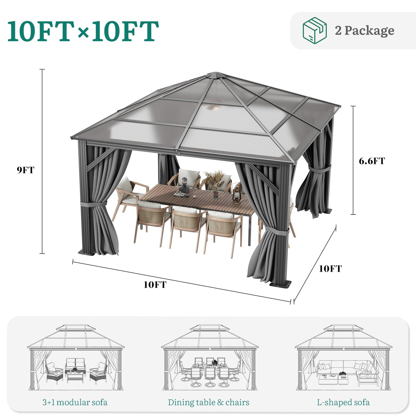 YITAHOME 10x10ft Gazebo Hardtop Outdoor Polycarbonate Canopy with Netting and Shaded Curtains, Metal Frame Garden Tent for Patio, Backyard, Deck and Lawns