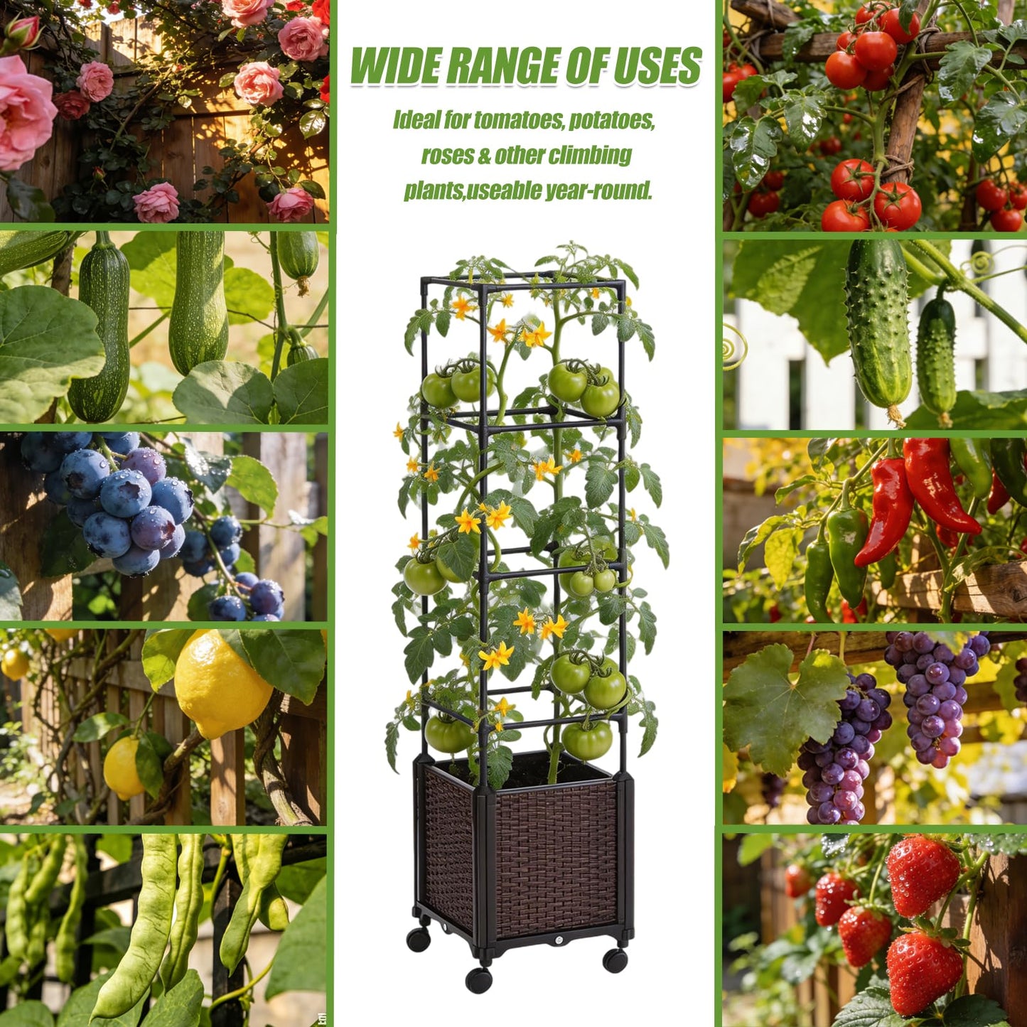 Risirica Tomato planter,Raised Garden Bed with Tomato Cage & Trellis, 53"Self-Watering Tomatos Planter with Lockable Wheels,Climbing Plants Large Reservoir for Vegetables Flowers,Indoor Outdoor Patio