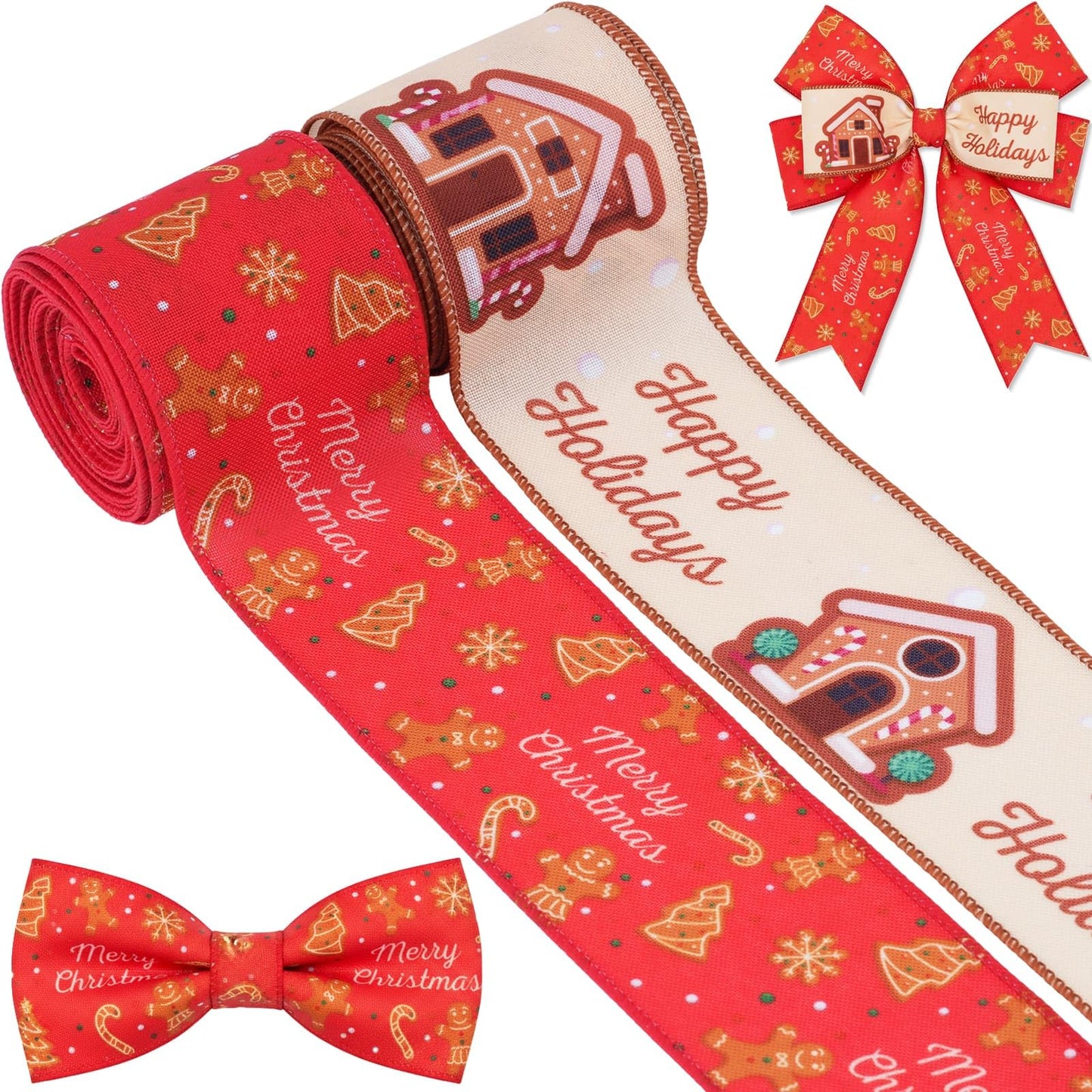 YKW 2 Rolls Christmas Ribbon Set,Gingerbread Man House Wired Edge Ribbons, 2.56" x 5 Yards Each - for Wreath,Bow, Gift Wrapping, Tree Decor - Festive Red & Cream Holiday Patterns