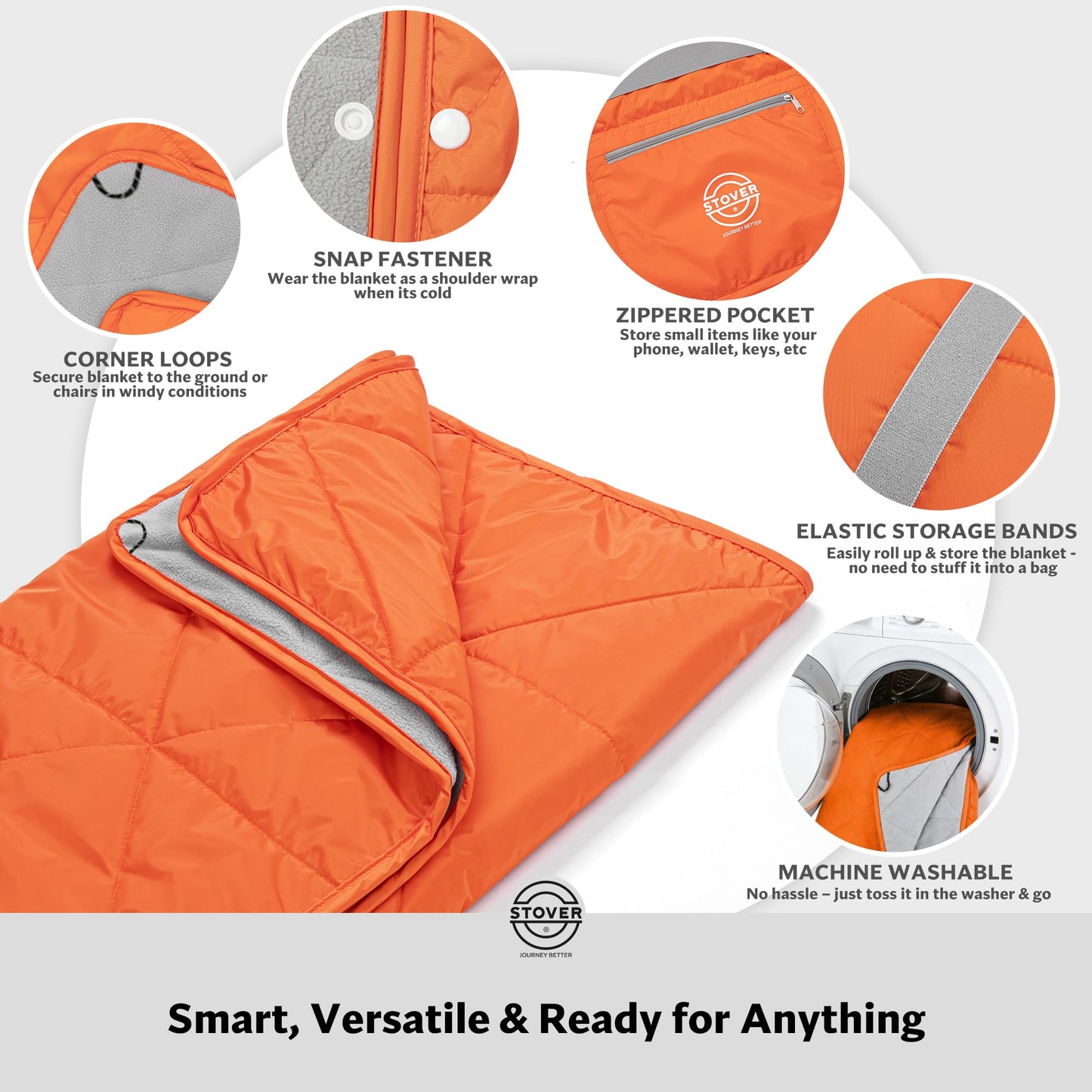 STOVER Large Waterproof Outdoor Stadium Blanket- Extra Thick Soft Fleece Camping Blanket for Travel, Picnics, Sports, Dogs- 79"x55" Warm, Windproof, Sand-proof, Lightweight, Packable (Game Day Orange)